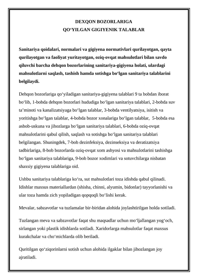 Dehqon bozorlariga qo‘yilgan gigiyenik talablar 1