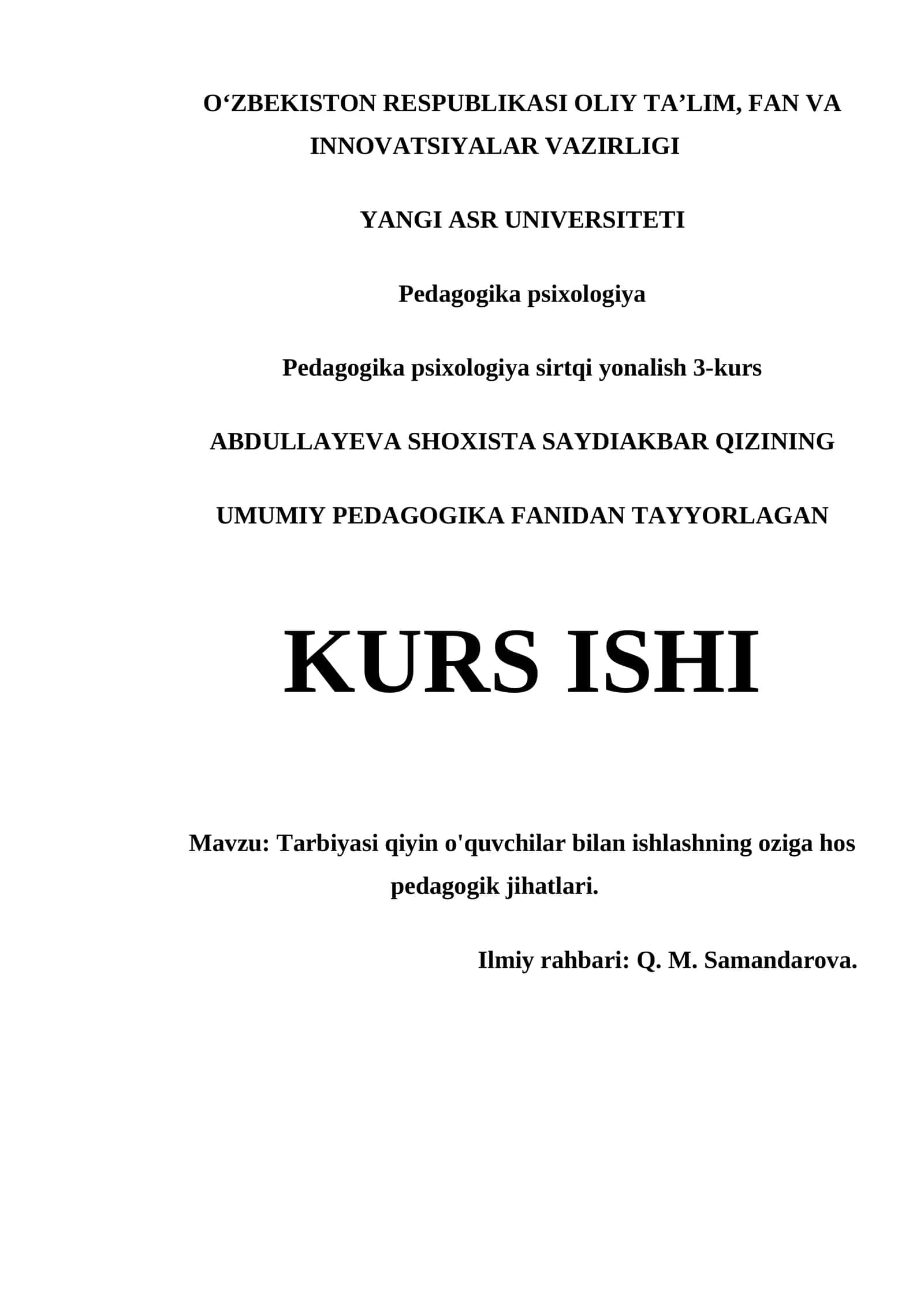 UMUMIY PEDAGOGIKA FANIDAN TAYYORLAGAN KURS ISHI 1