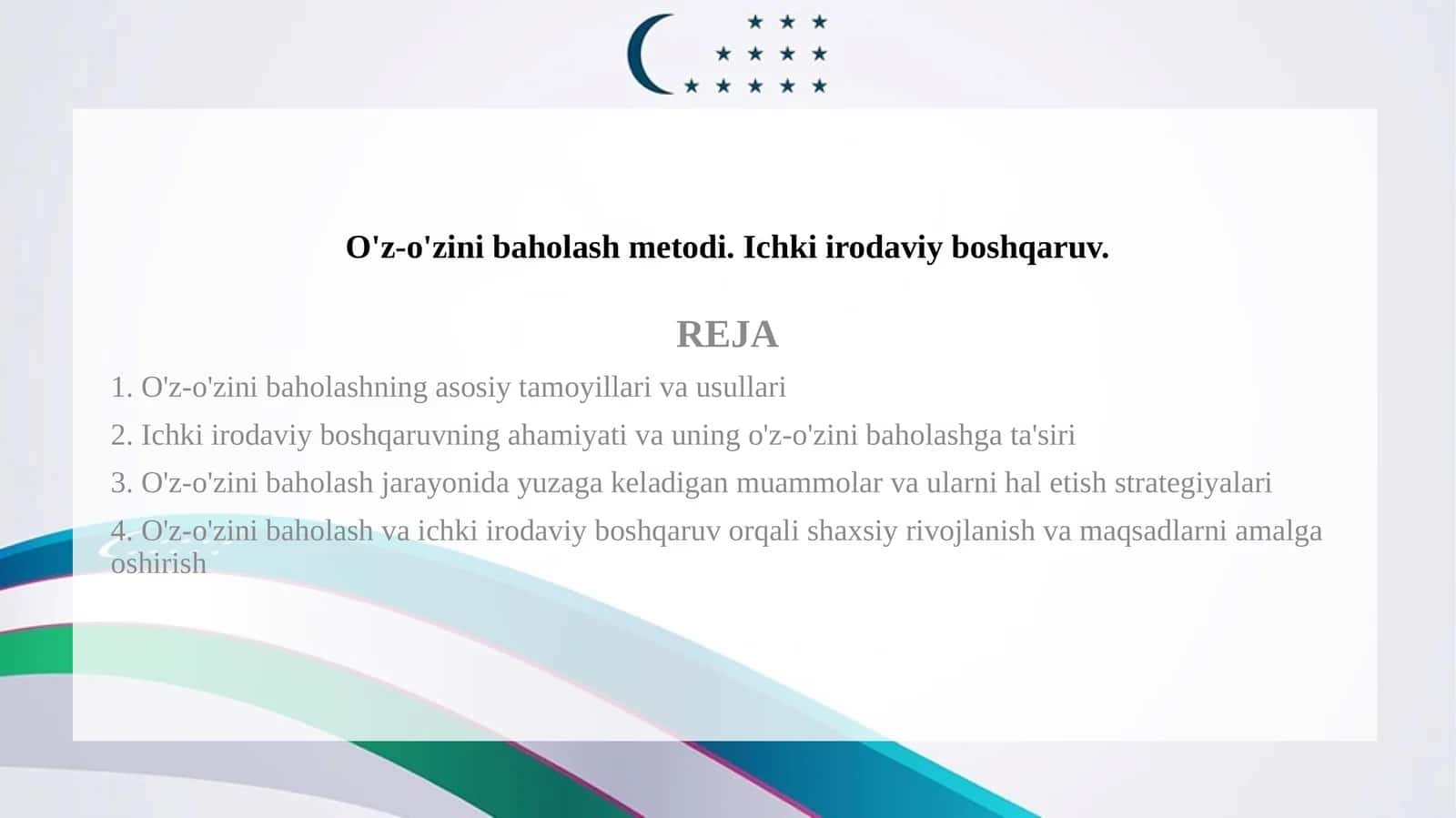 O'z-o'zini baholash metodi. Ichki irodaviy boshqaruv. 1