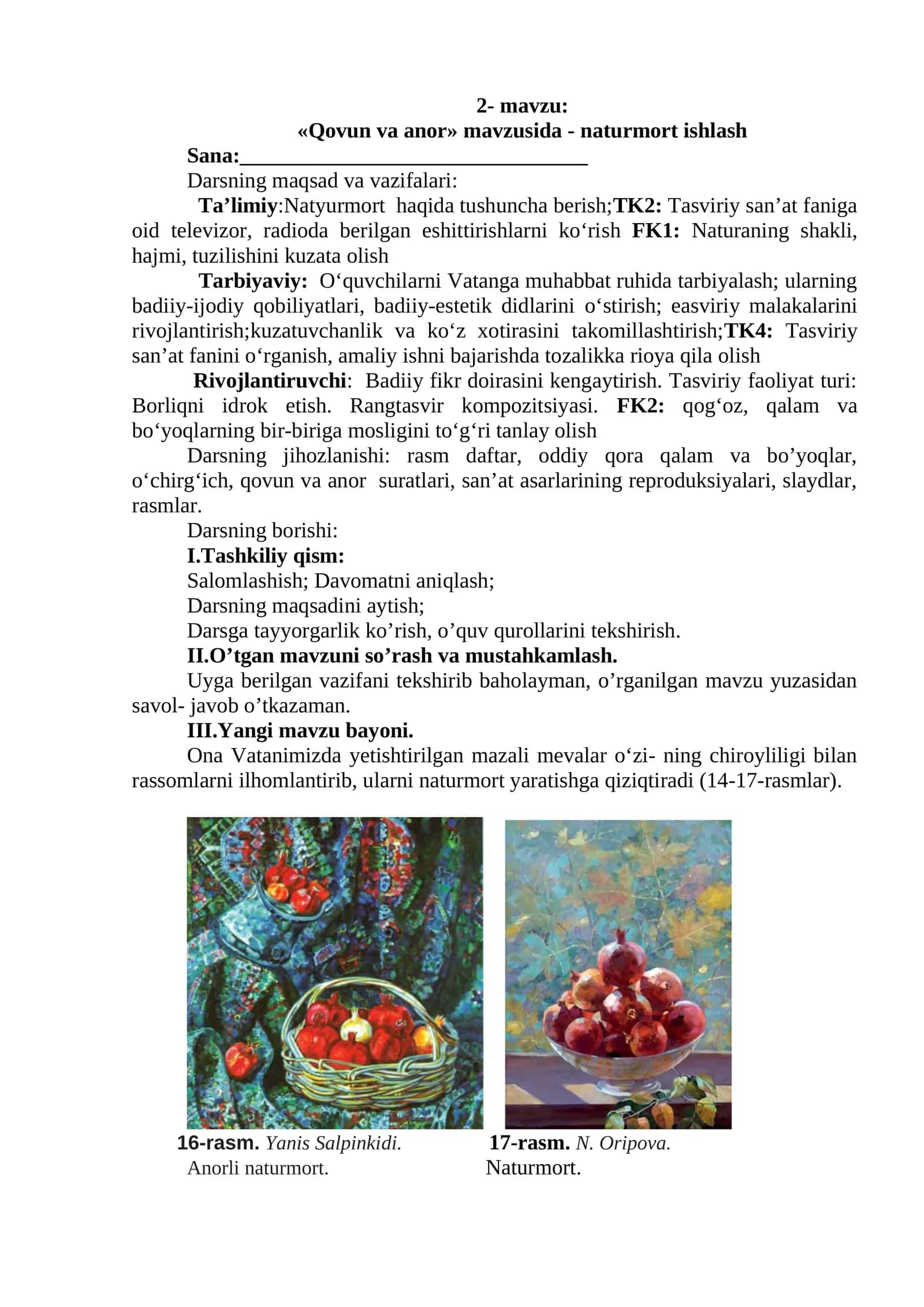 4-sinf Tasviriy san'at Qovun va anor mavzusida natyurmort ishlash dars ishlanma 1