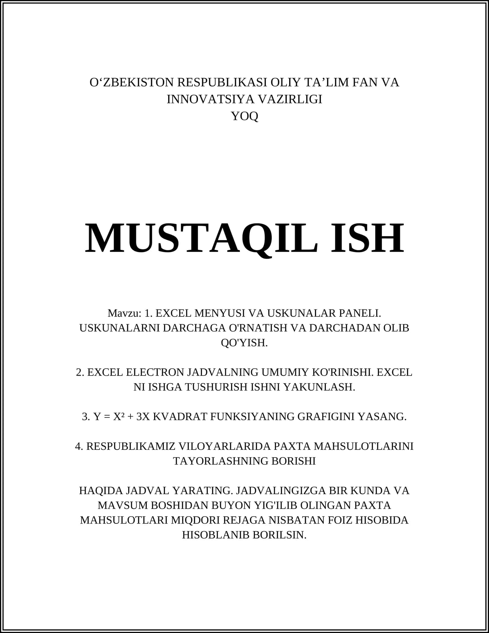 EXCEL MENYUSI VA USKUNALAR PANELI. USKUNALARNI DARCHAGA O'RNATISH VA DARCHADAN OLIB QO'YISH 1
