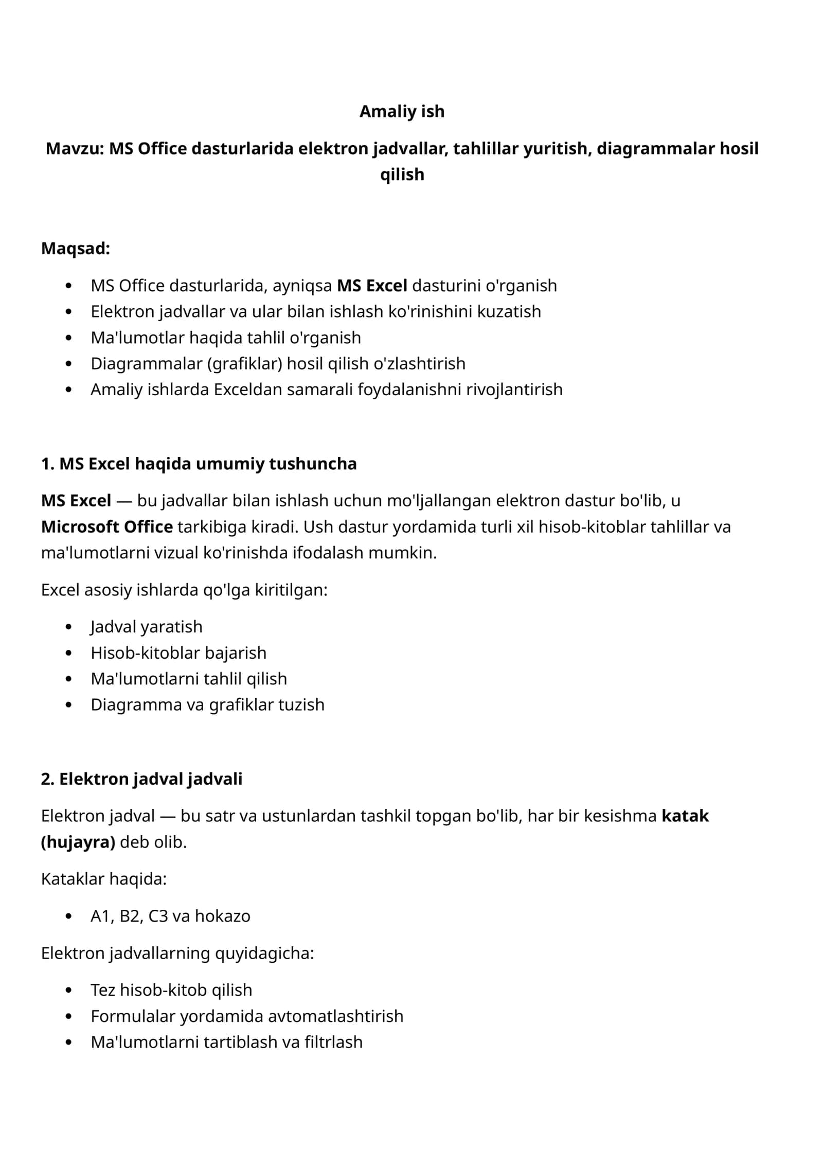 MS Office dasturlarida elektron jadvallar, tahlillar yuritish, diagrammalar hosil qilish 1