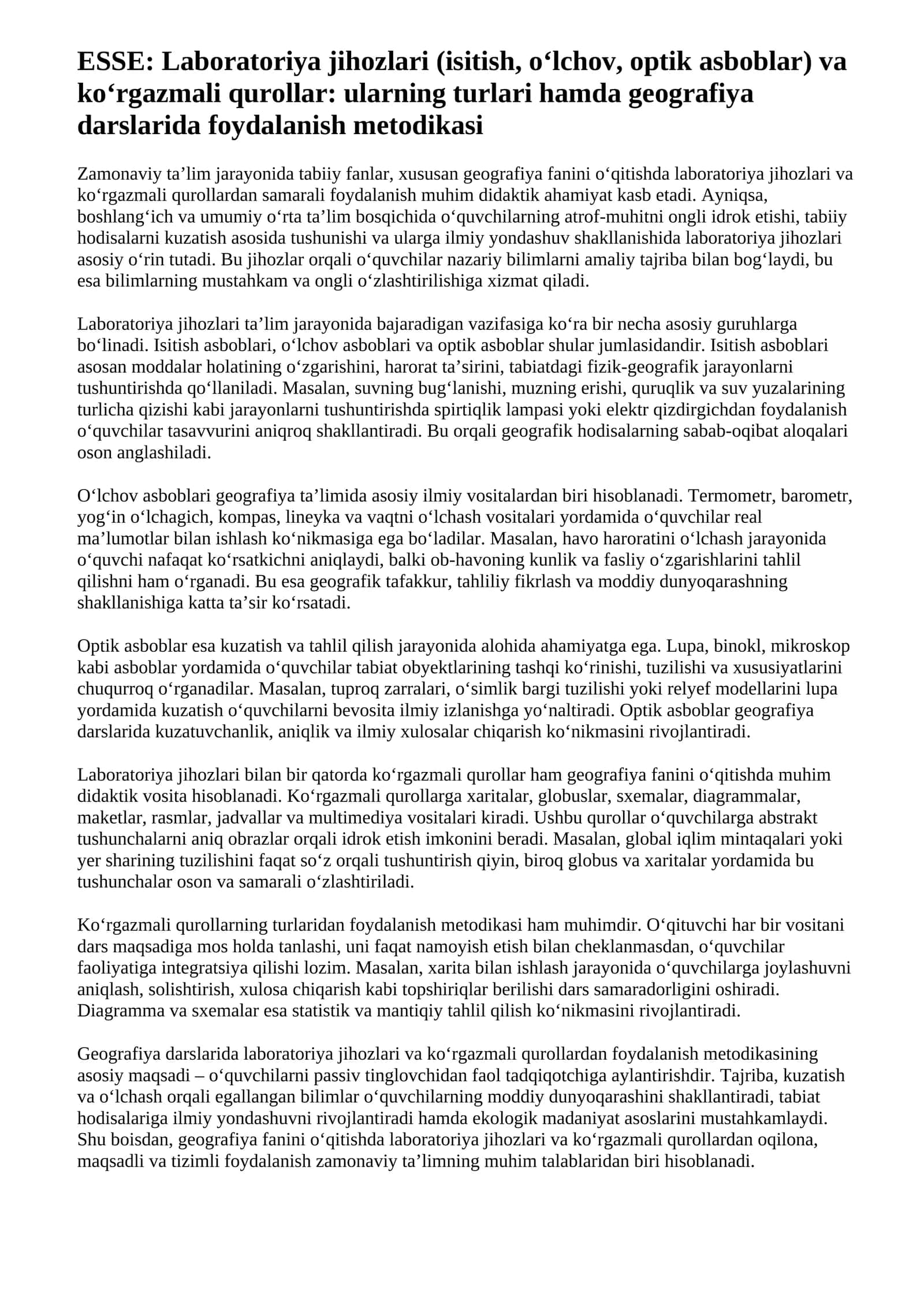 Laboratoriya jihozlari (isitish, o‘lchov, optik asboblar) va ko‘rgazmali qurollar: ularning turlari hamda geografiya darslarida foydalanish metodikasi 1