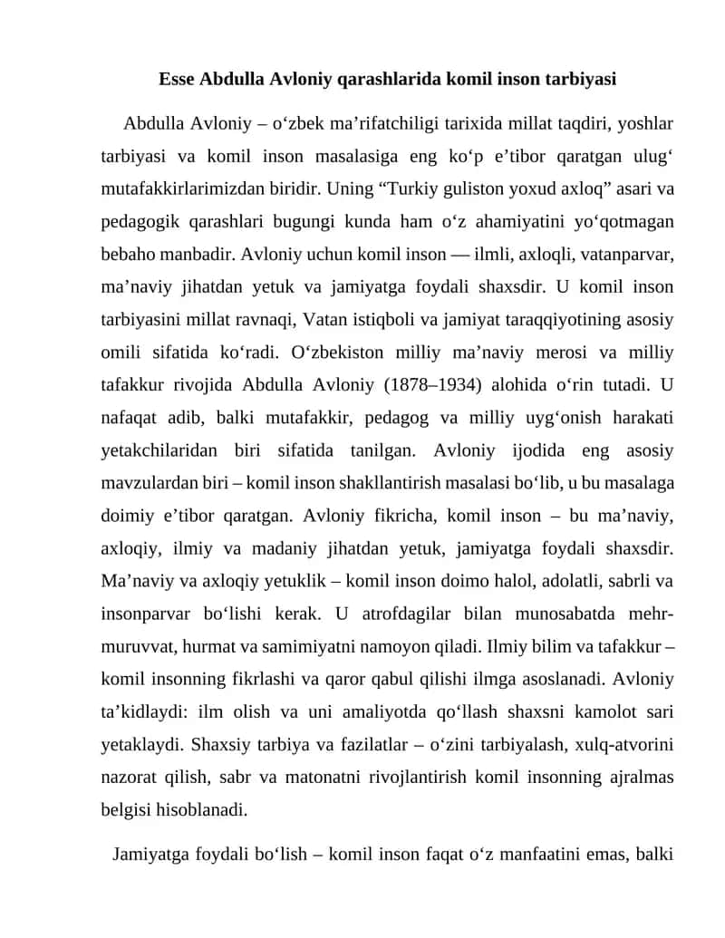 Esse Abdulla Avloniy qarashlarida komil inson tarbiyasi 1
