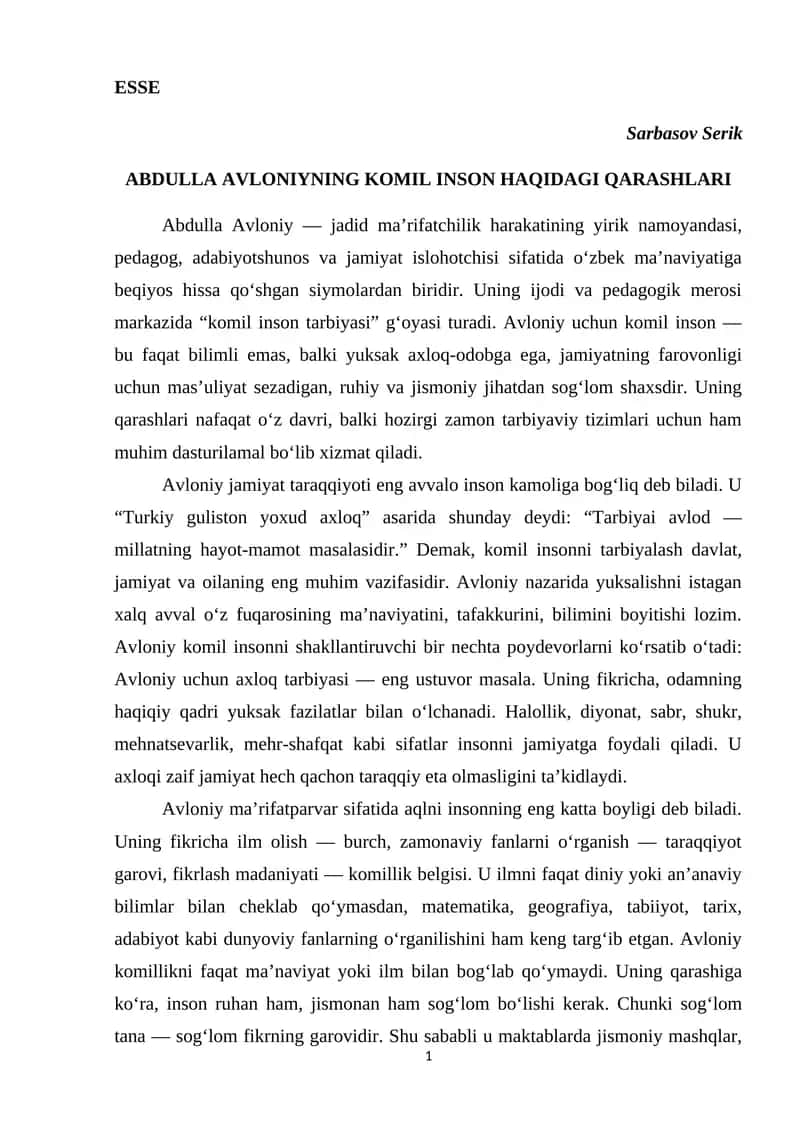 ABDULLA AVLONIYNING KOMIL INSON HAQIDAGI QARASHLARI 1