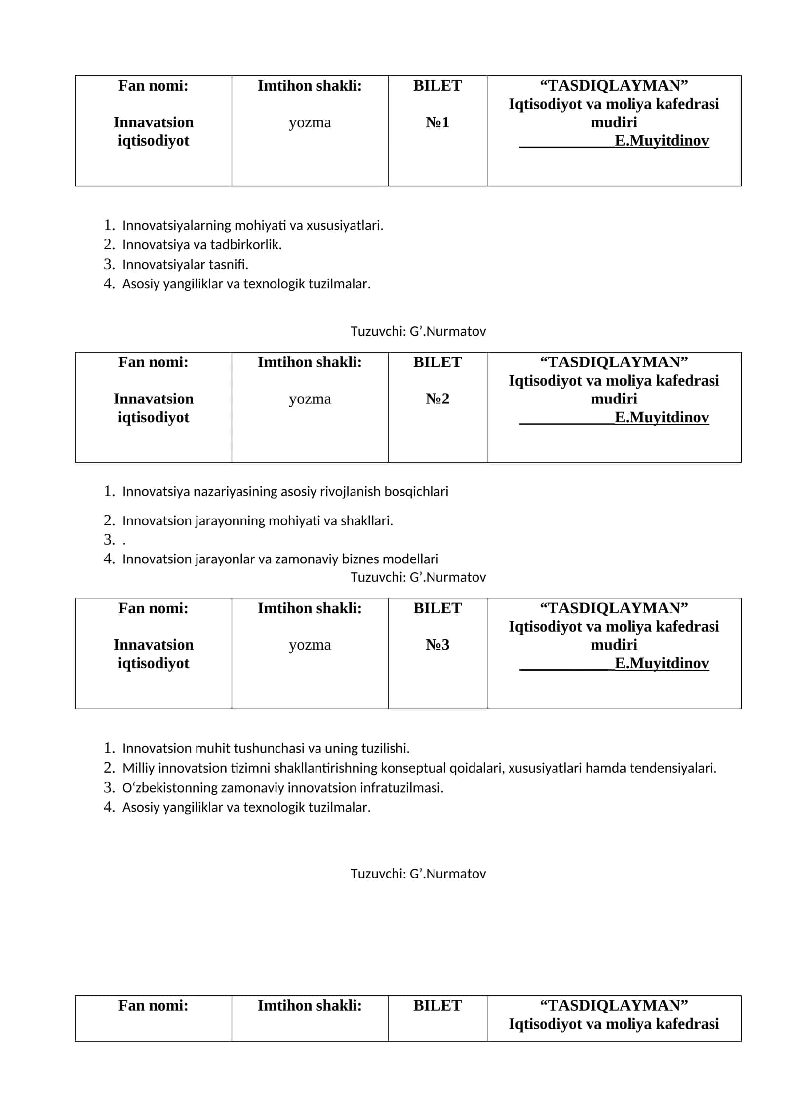 TASDIQLAYMAN - Innovatsion iqtisodiyot BILET 1