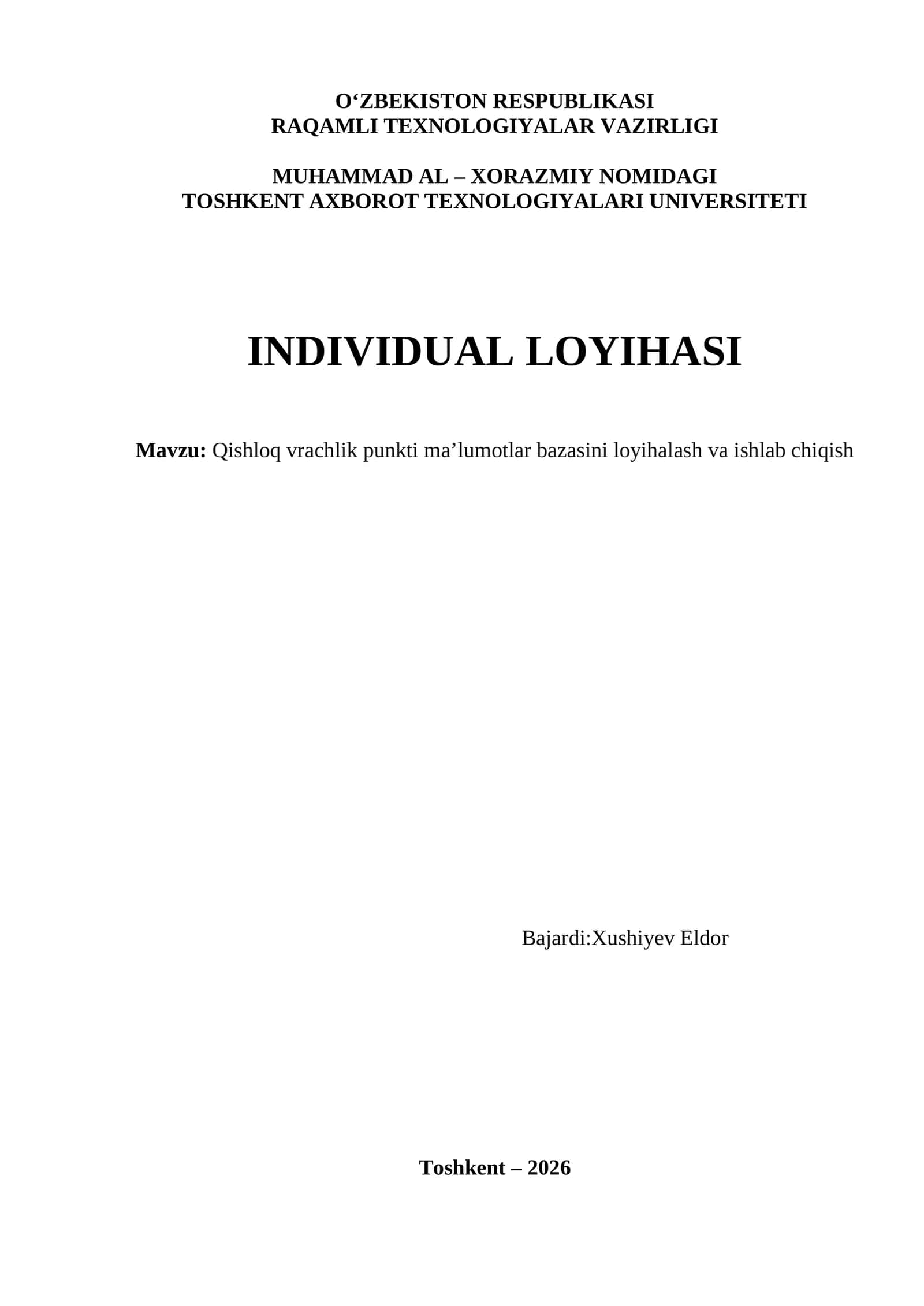 Qishloq vrachlik punkti ma’lumotlar bazasini loyihalash va ishlab chiqish 1