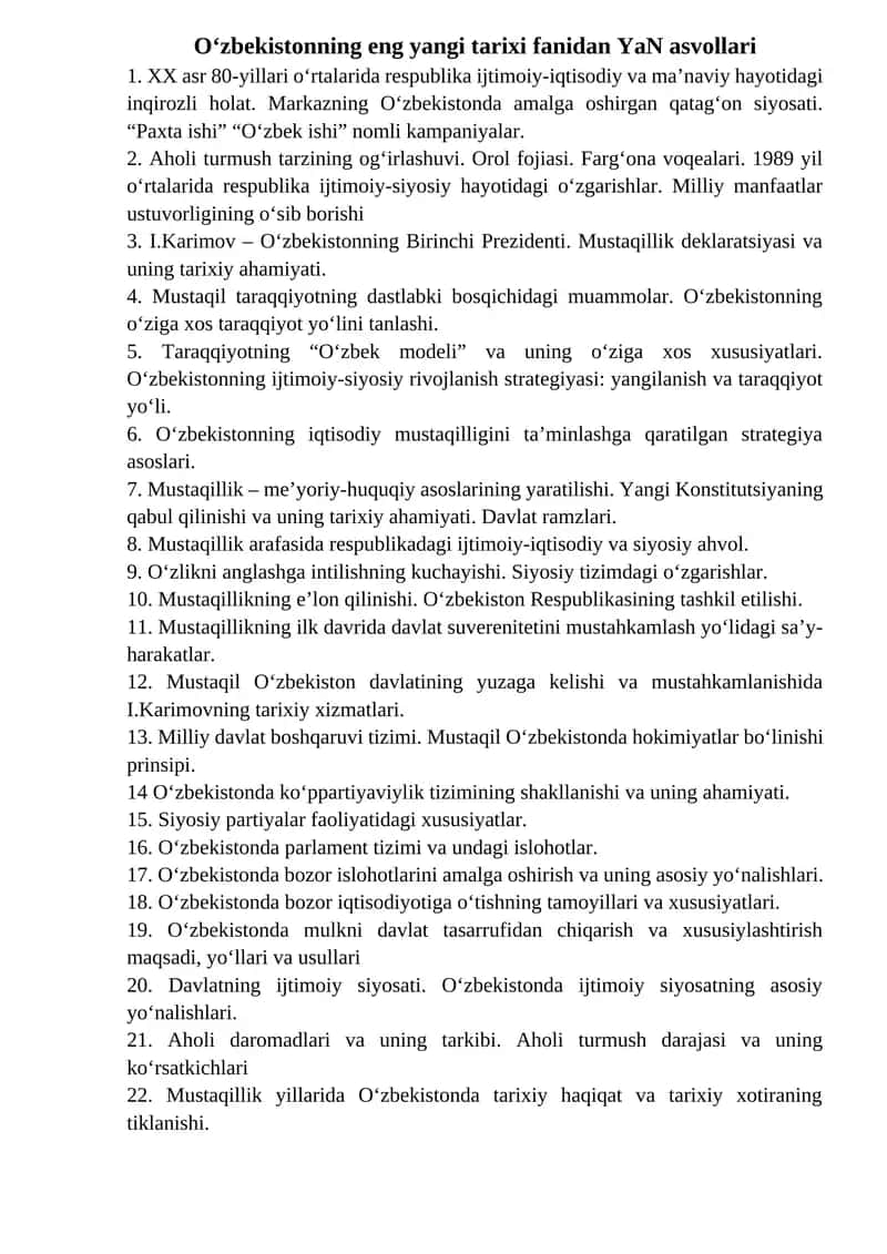O‘zbekistonning eng yangi tarixi fanidan YaN asvollari 1