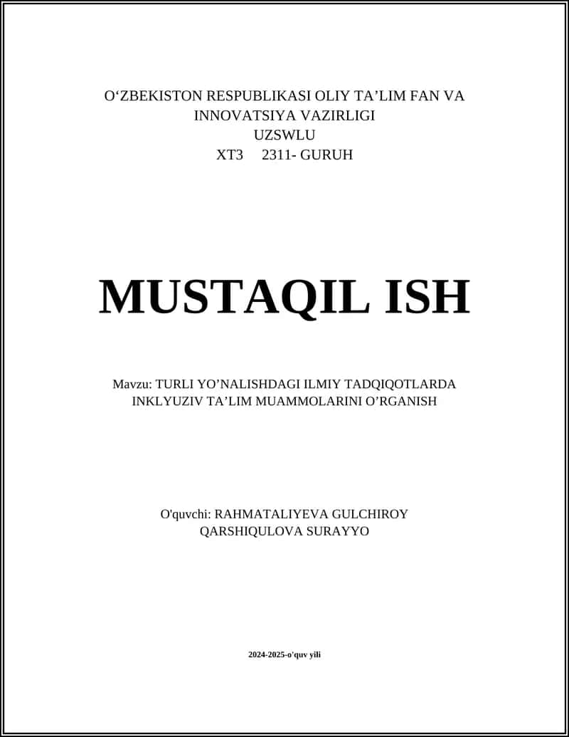 TURLI YO’NALISHDAGI ILMIY TADQIQOTLARDA INKLYUZIV TA’LIM MUAMMOLARINI O’RGANISH 1