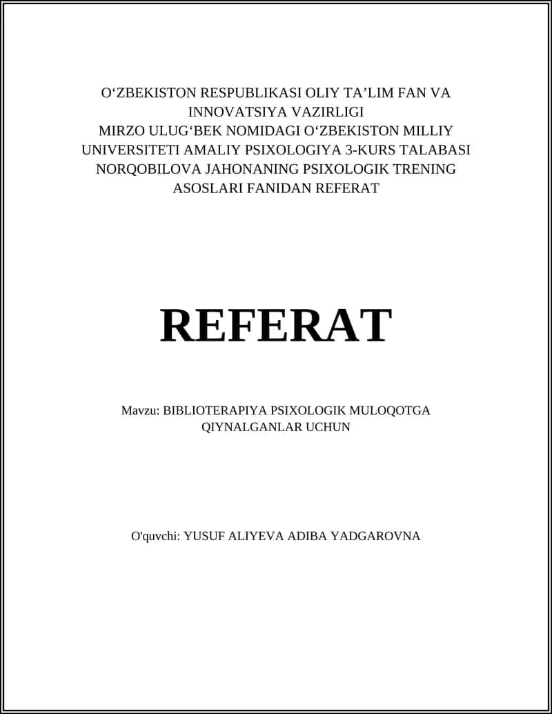 BIBLIOTERAPIYA PSIXOLOGIK MULOQOTGA QIYNALGANLAR UCHUN 1