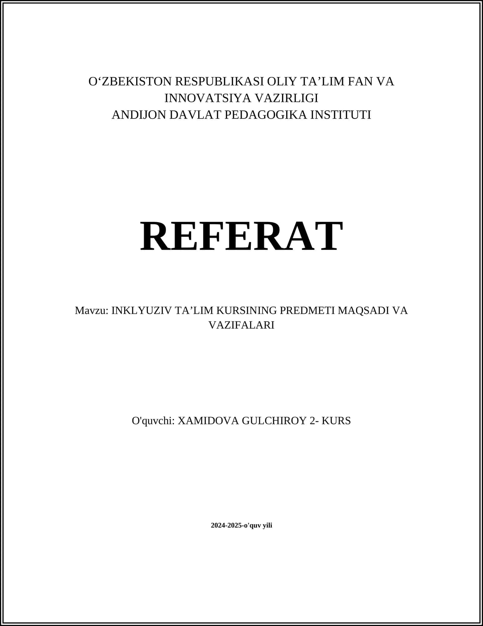 INKLYUZIV TAʼLIM KURSINING PREDMETI MAQSADI VA VAZIFALARI 1