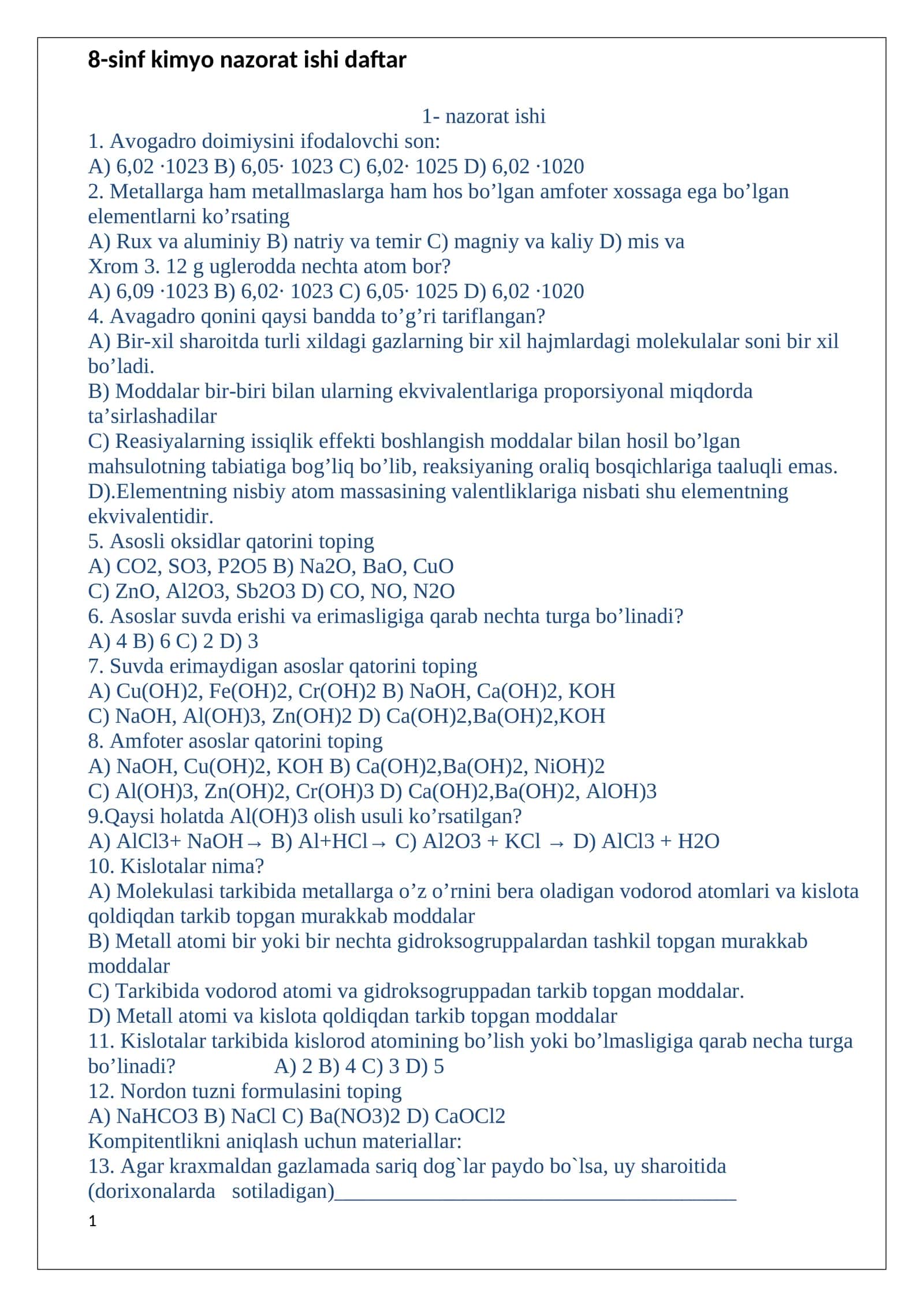 8-sinf kimyo nazorat ishi daftar 1