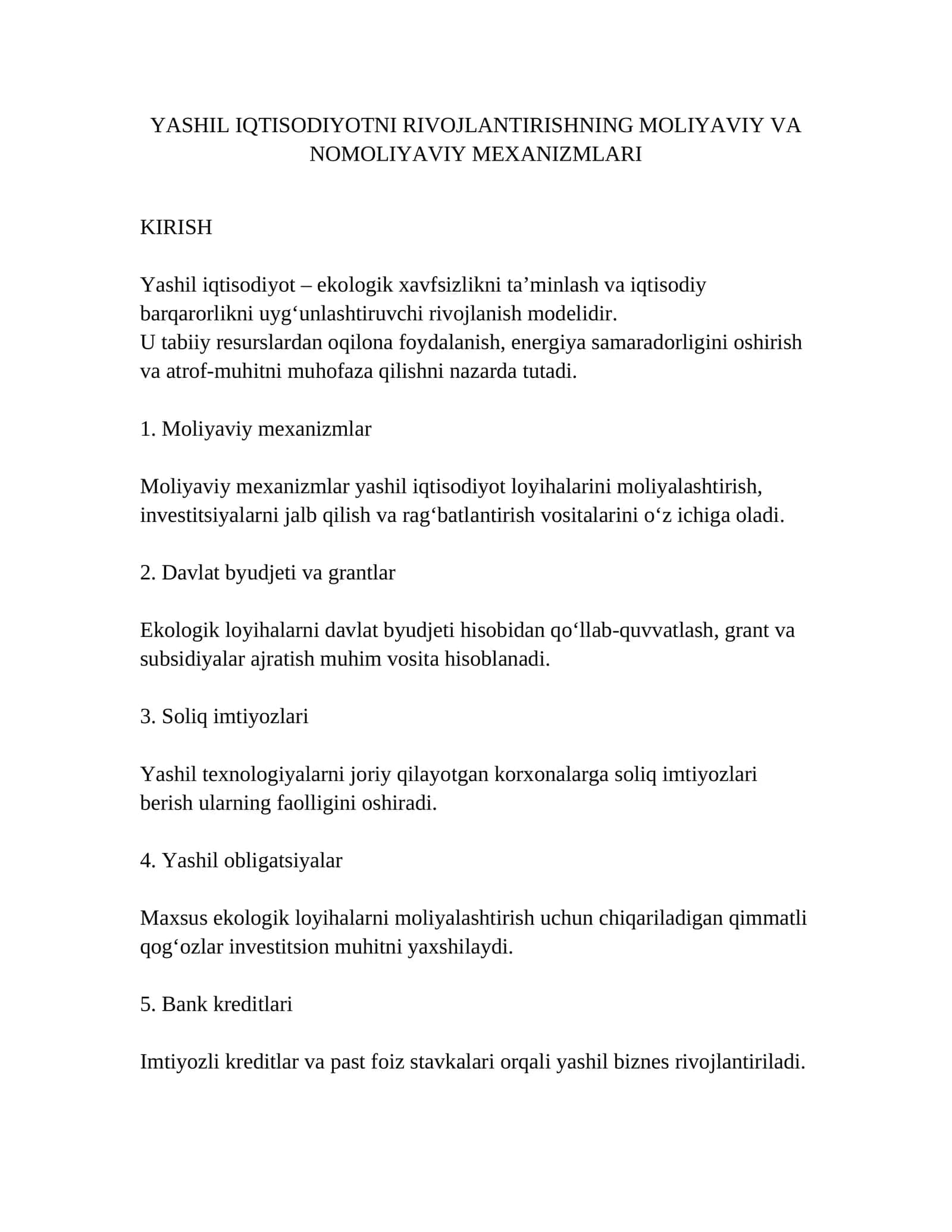 YASHIL IQTISODIYOTNI RIVOJLANTIRISHNING MOLIYAVIY VA NOMOLIYAVIY MEXANIZMLARI 1
