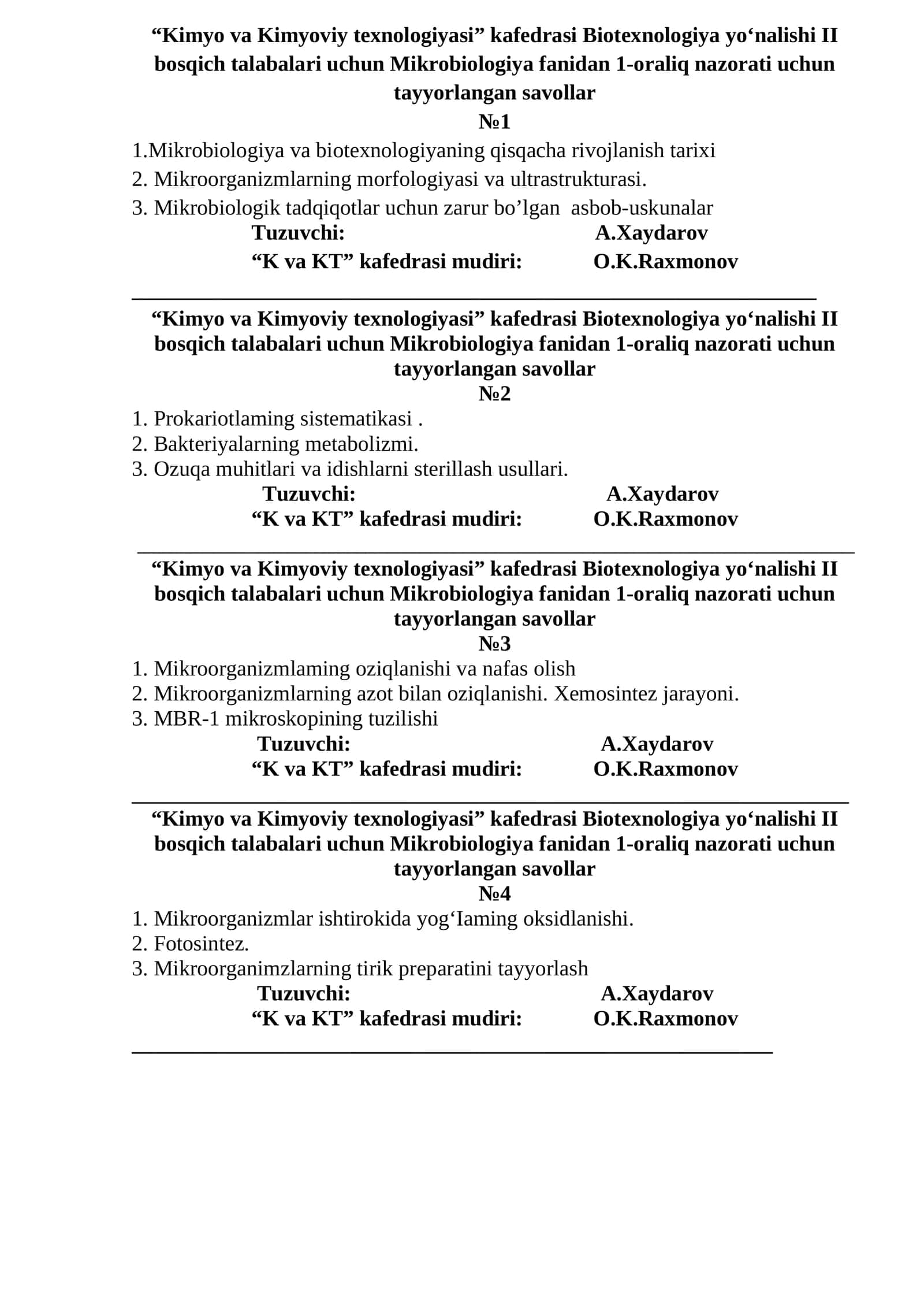 Biotexnologiya yo‘nalishi II bosqich talabalari uchun Mikrobiologiya fanidan 1-oraliq nazorati uchun tayyorlangan savollar 1