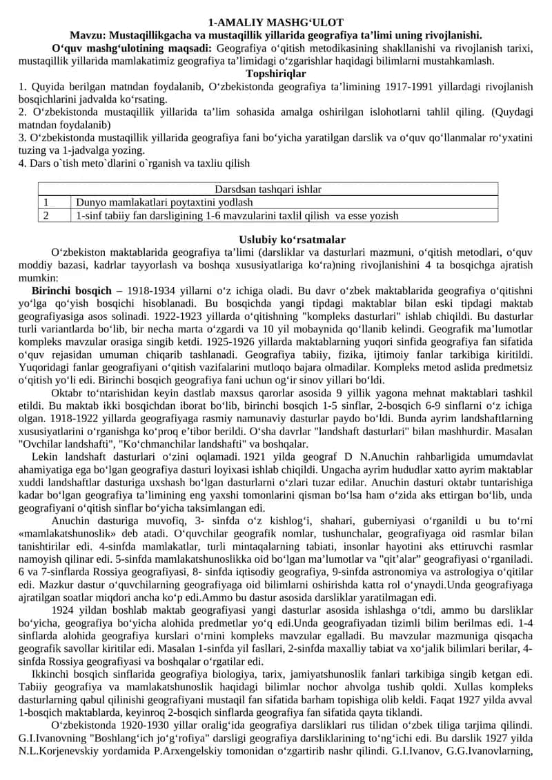 Mustaqillikgacha va mustaqillik yillarida geografiya ta’limi uning rivojlanishi 1