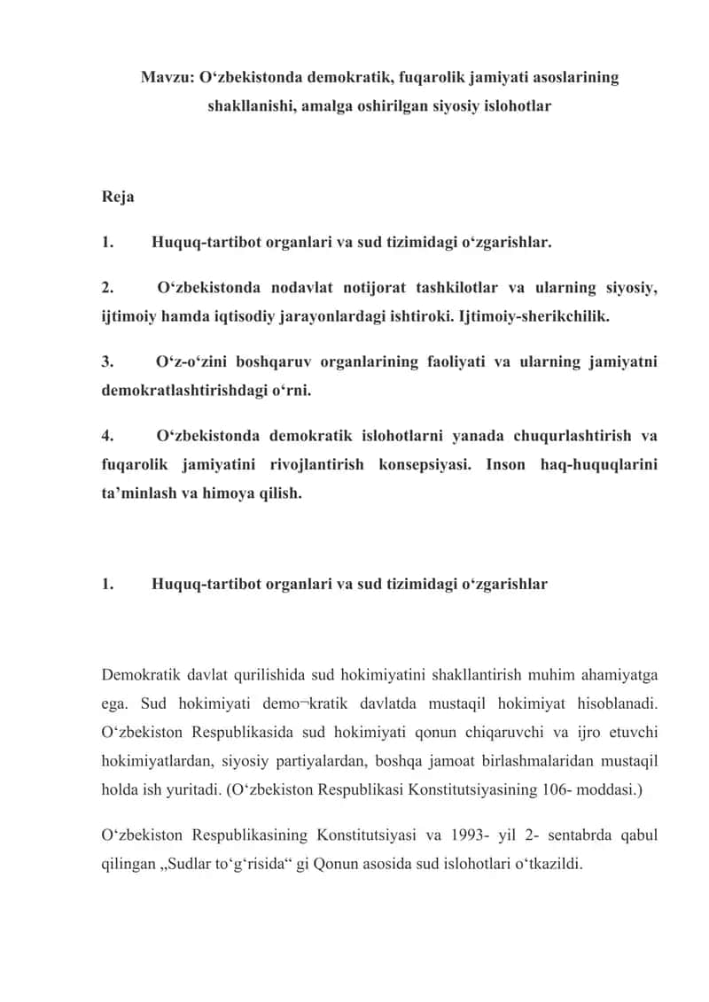 O‘zbekistonda demokratik, fuqarolik jamiyati asoslarining shakllanishi, amalga oshirilgan siyosiy islohotlar 1