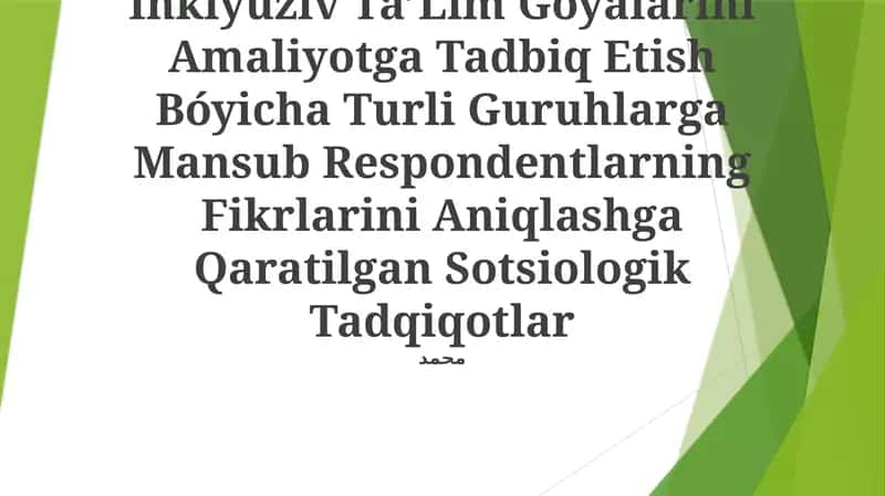 Inklyuziv TaʼLim Ğoyalarini Amaliyotga Tadbiq Etish Bóyicha Turli Guruhlarga Mansub Respondentlarning Fikrlarini Aniqlashga Qaratilgan Sotsiologik Tadqiqotlar 1