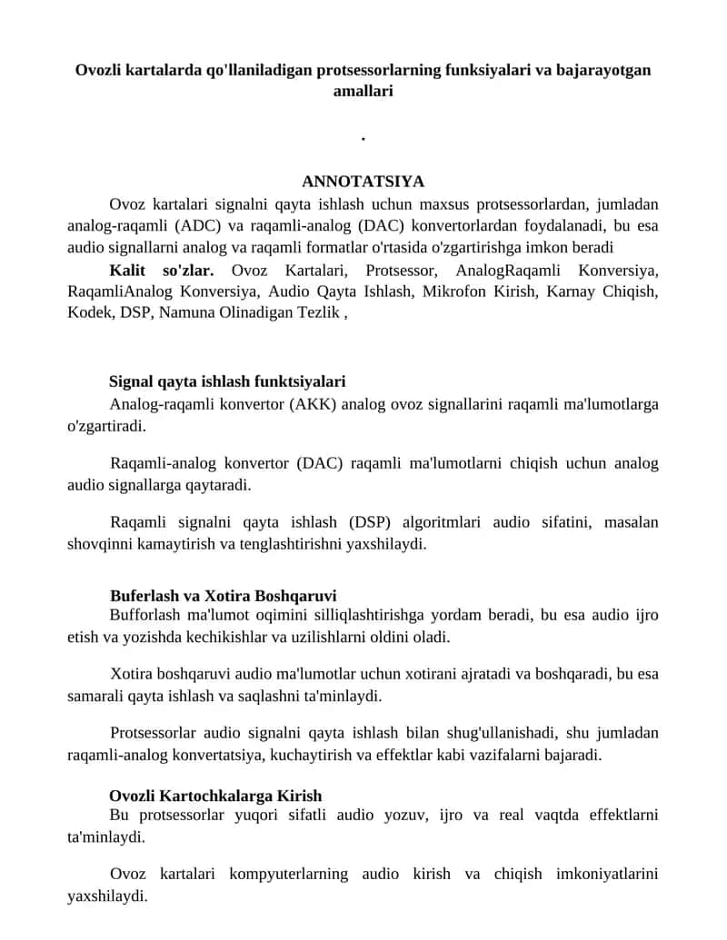 Ovozli kartalarda qo'llaniladigan protsessorlarning funksiyalari va bajarayotgan amallari 1