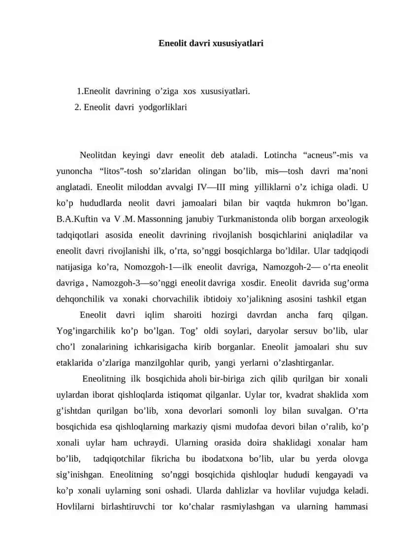 Eneolit davri xususiyatlari