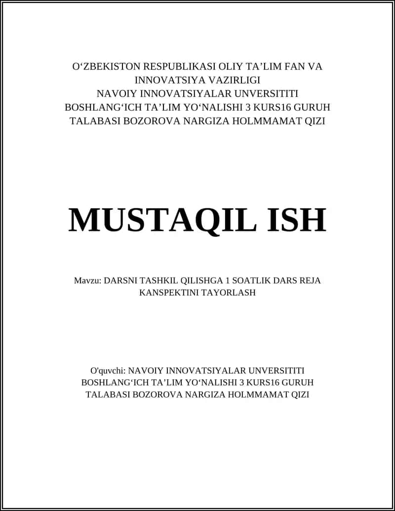 DARSNI TASHKIL QILISHGA 1 SOATLIK DARS REJA KANSPEKTINI TAYORLASH 1