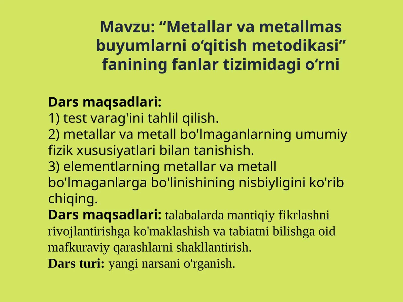 “Metallarvametallmasbuyumlarnio‘qitishmetodikasi”faniningfanlartizimi 1