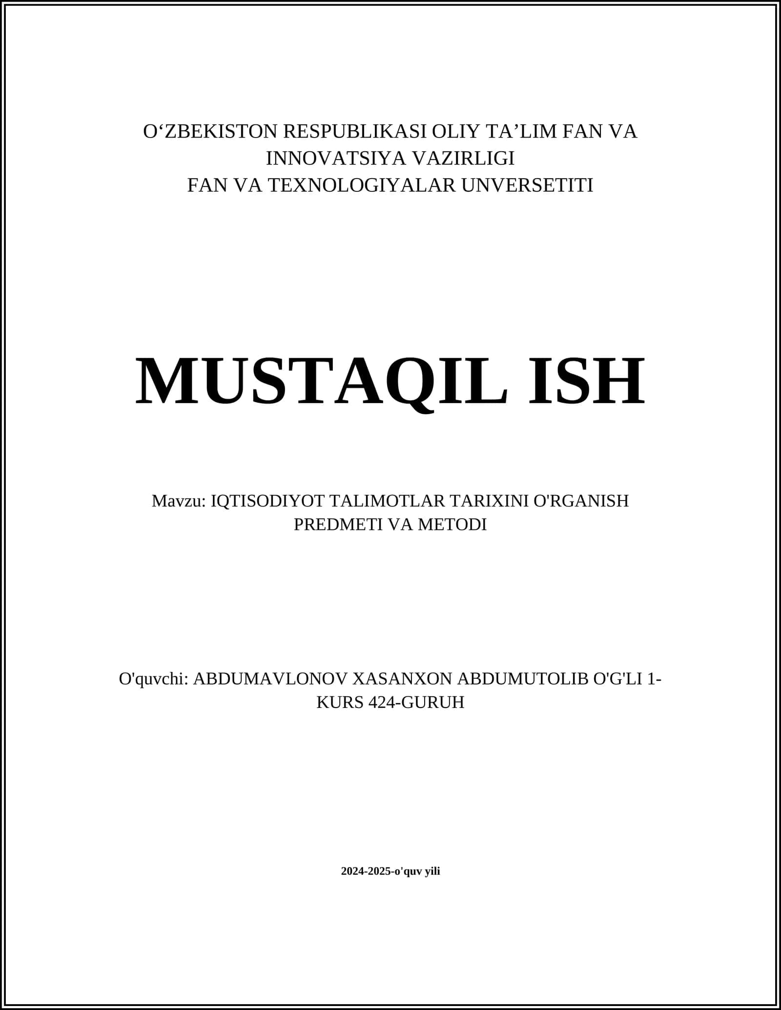 IQTISODIYOT TALIMOTLAR TARIXINI O'RGANISH PREDMETI VA METODI 1