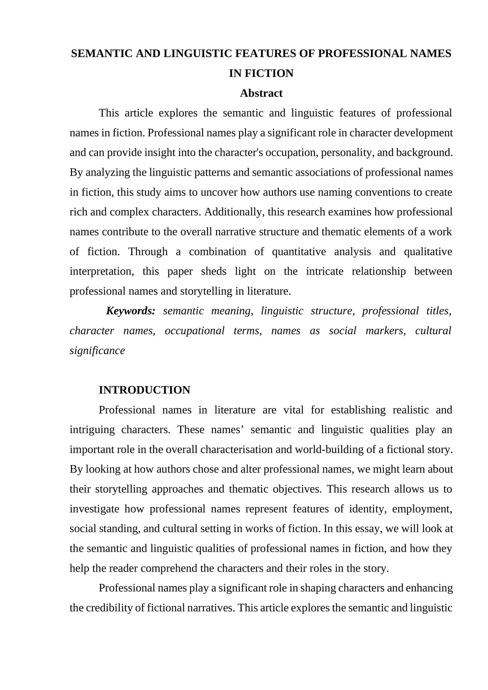 SEMANTIC AND LINGUISTIC FEATURES OF PROFESSIONAL NAMES IN FICTION 1
