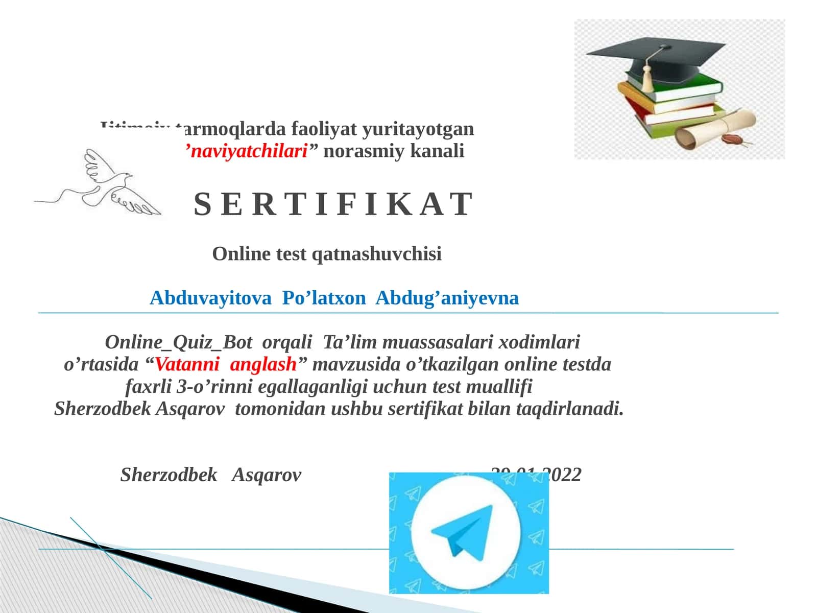 "Vatanni anglash" mavzusida o'tkazilgan onlinetest 1
