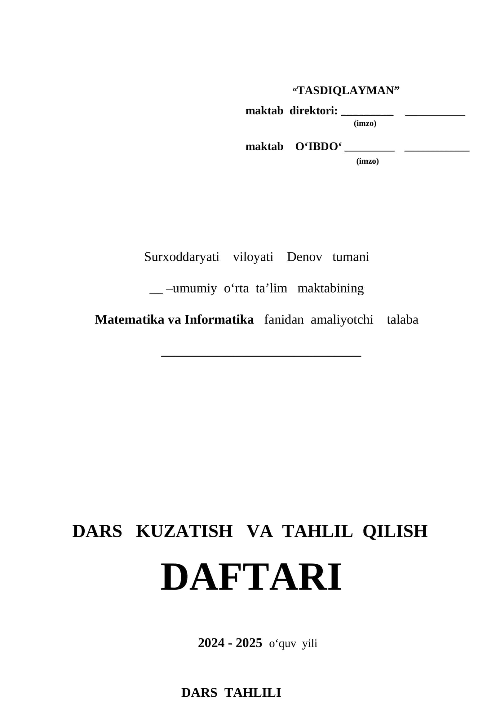 DARS   KUZATISH   VA  TAHLIL  QILISH    DAFTARI 1