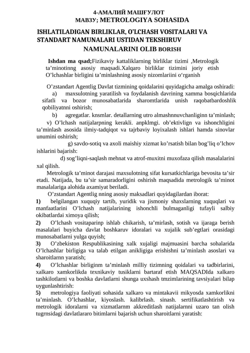 METROLOGIYA SOHASIDA ISHLATILADIGAN BIRLIKLAR, O’LCHASH VOSITALARI VA STANDART NAMUNALARI USTIDAN TEKSHIRUV NAMUNALARINI OLIB BORISH 1