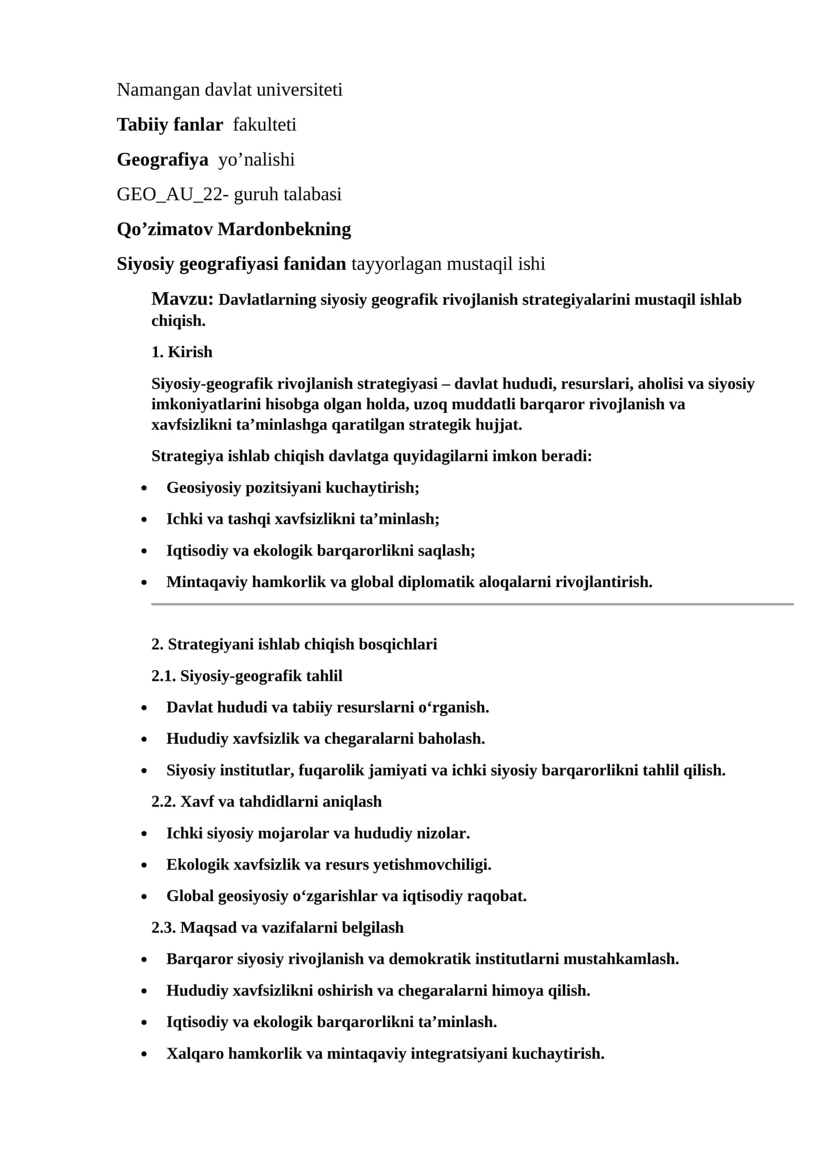Mustaqil ish: Davlatlarning siyosiy geografik rivojlanish strategiyalarini mustaqil ishlab chiqish 1