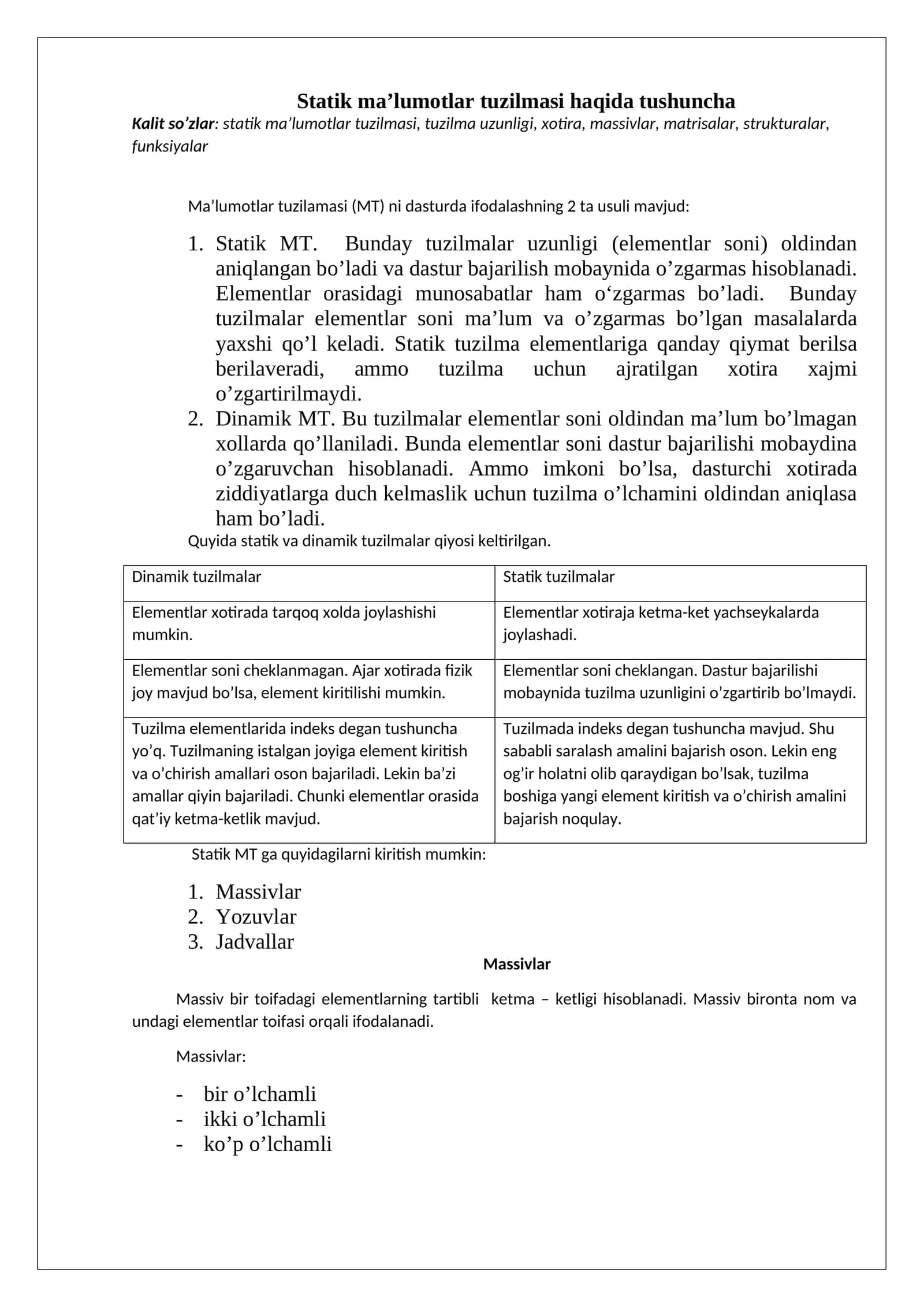 Statik ma’lumotlar tuzilmasi haqida tushuncha 1