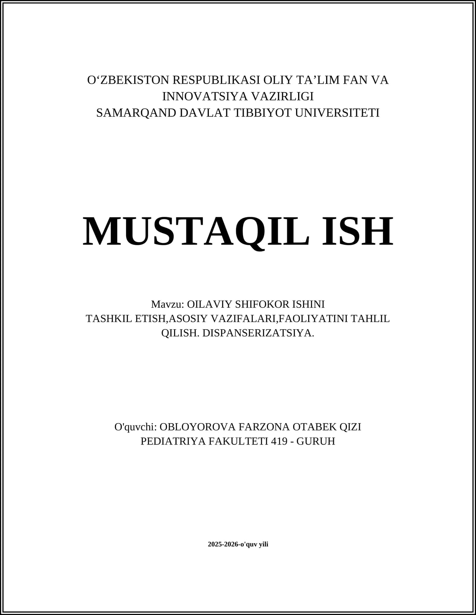 OILAVIY SHIFOKOR ISHINI TASHKIL ETISH, ASOSIY VAZIFALARI, FAOLIYATINI TAHLIL QILISH 1