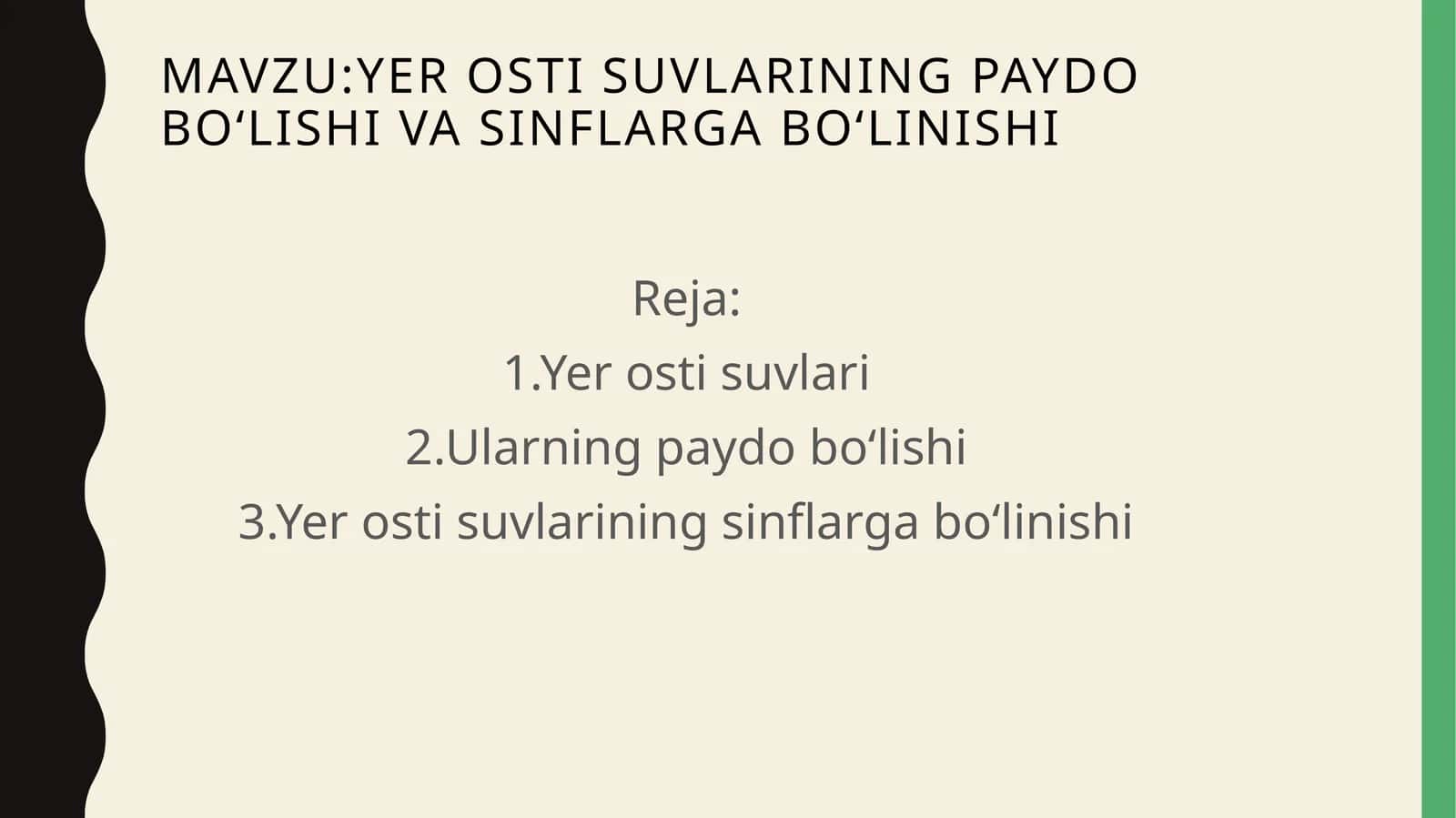 Yer osti suvlarining paydo boʻlishi va sinflarga boʻlinishi Yer osti suvlarining qurilish maqsadida baholash 1