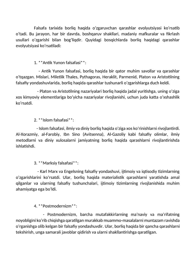 Falsafa tarixida borliq haqida o‘zgaruvchan qarashlar evolyutsiyasi 1