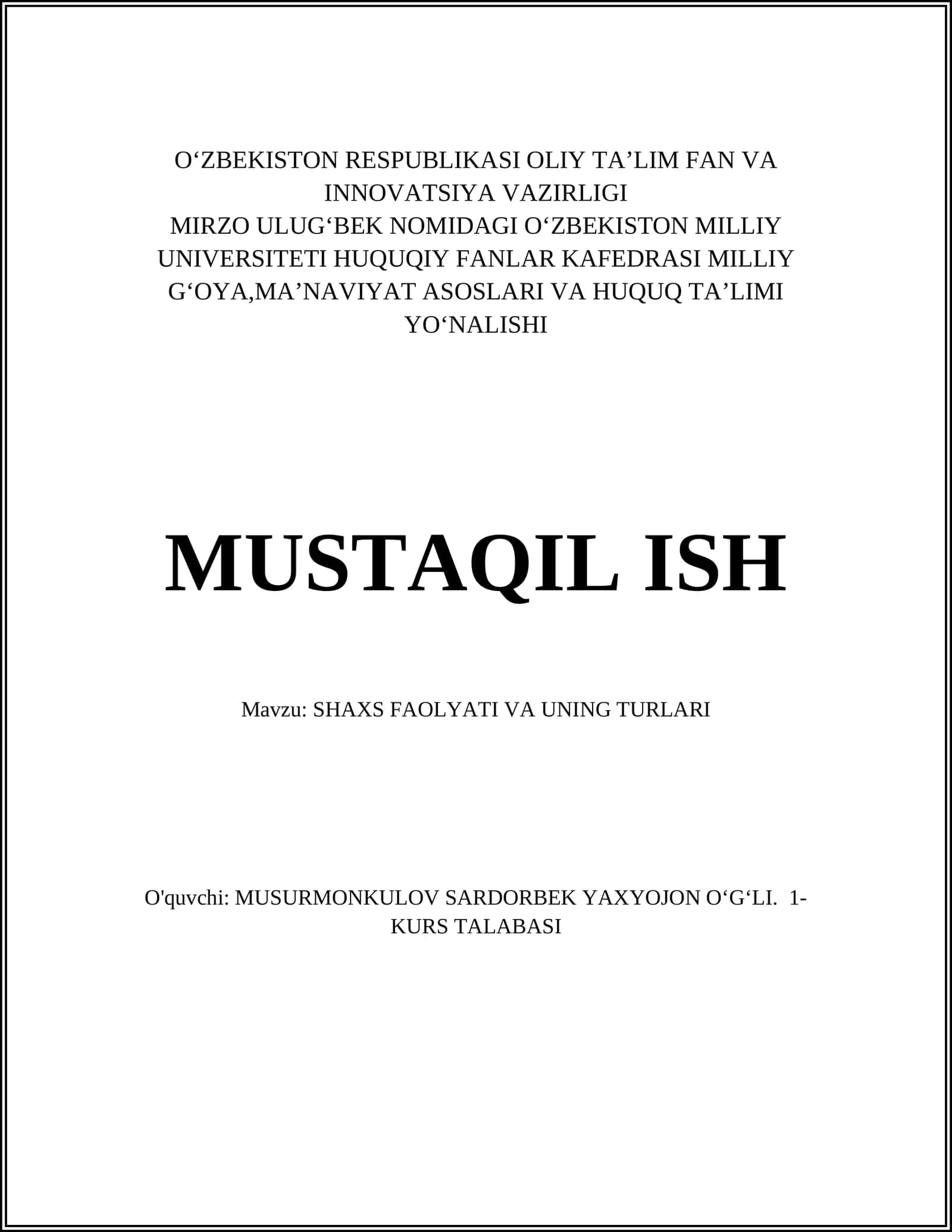 SHAXS FAOLYATI VA UNING TURLARI 1