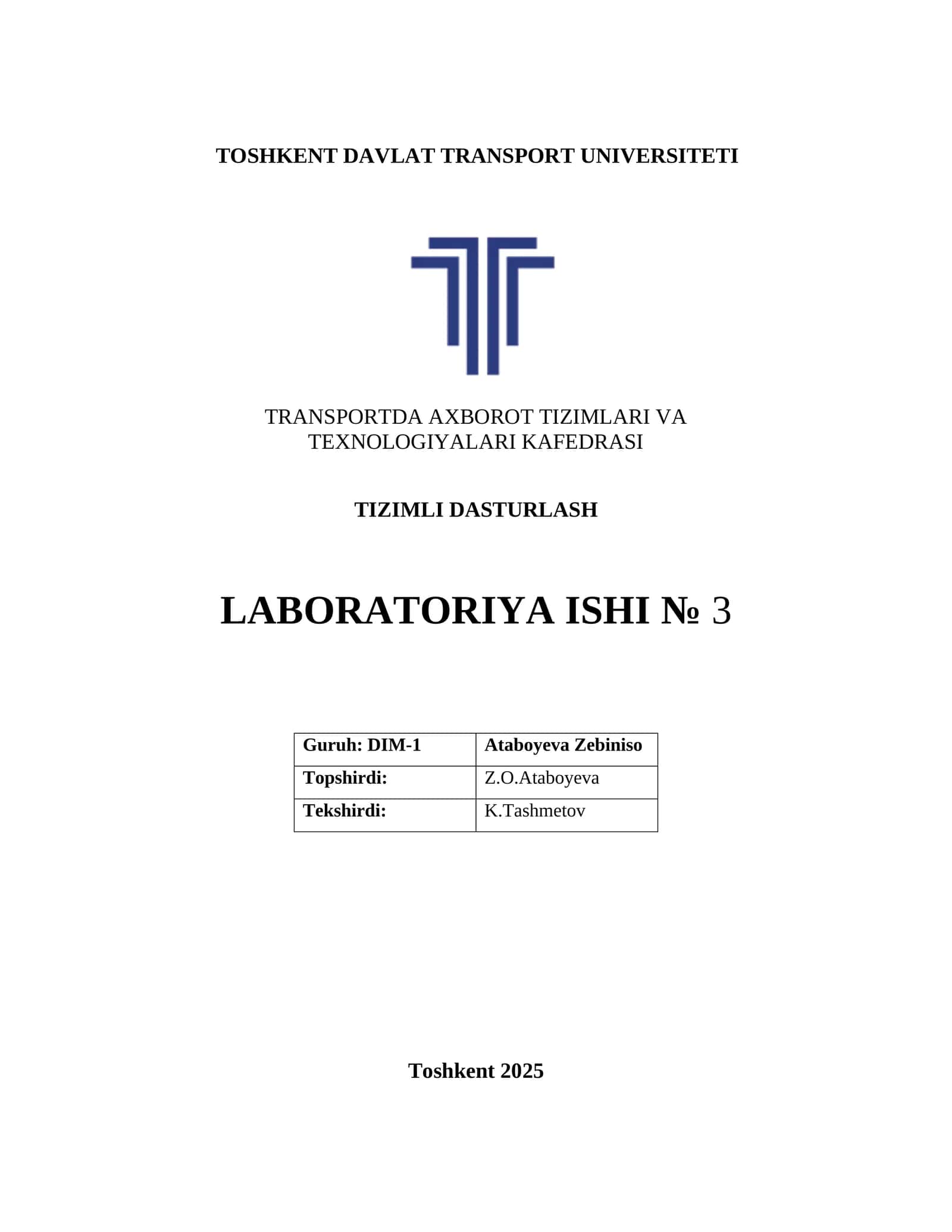 Tizimli dasturlash LABORATORIYA ISHI № 3 1