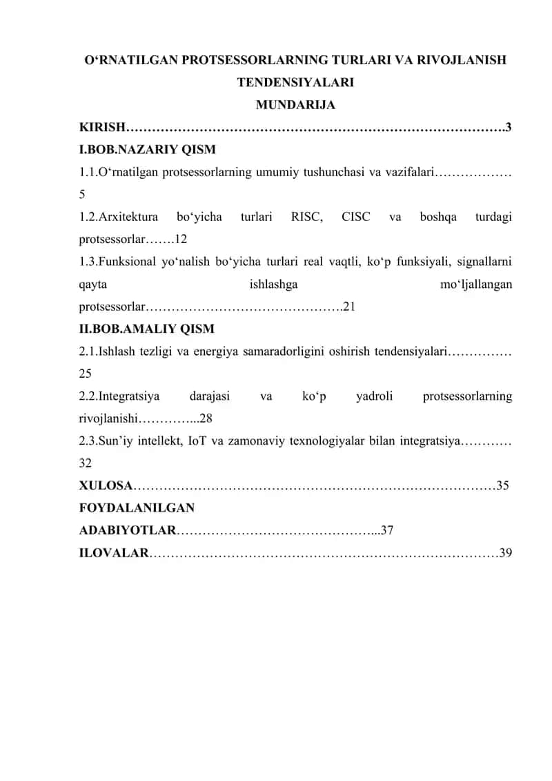 O‘rnatilgan Protseessorlarning Turlari va Rivojlanish Tendensiyalari 1