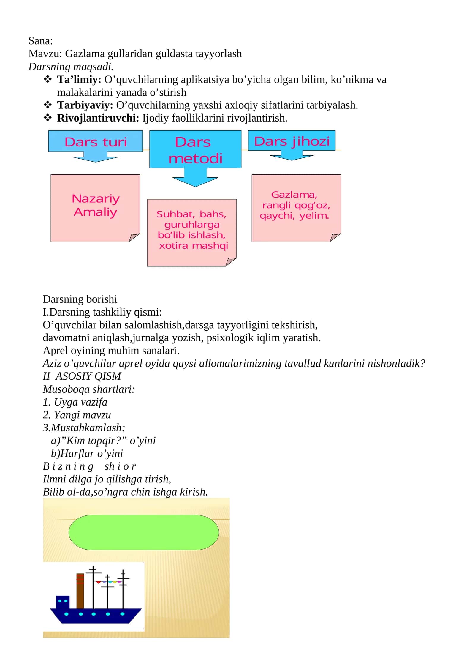 2-sinf Texnologiya Gazlama gullaridan guldasta tayyorlash ochiq dars ishlanma 1