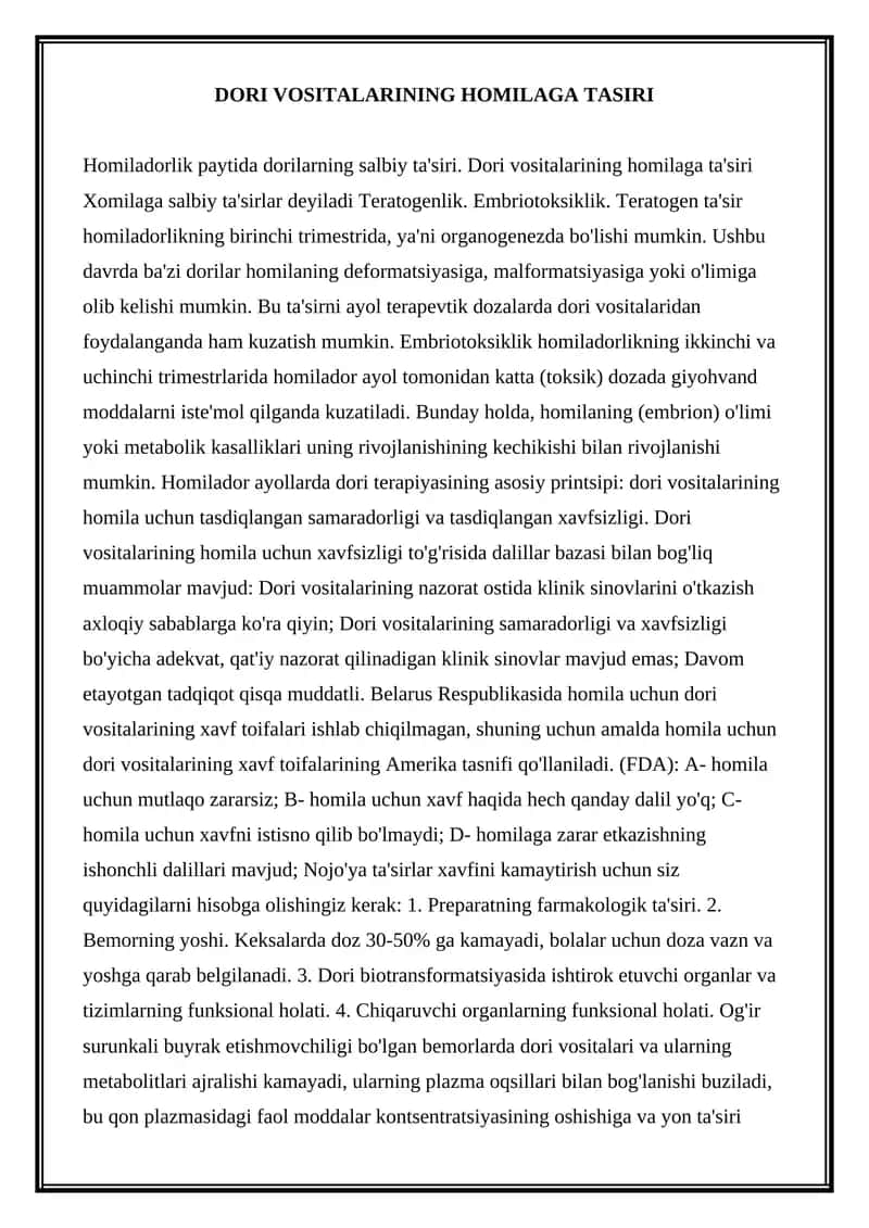Dori Vositalarining Homilaga Tasiri 1