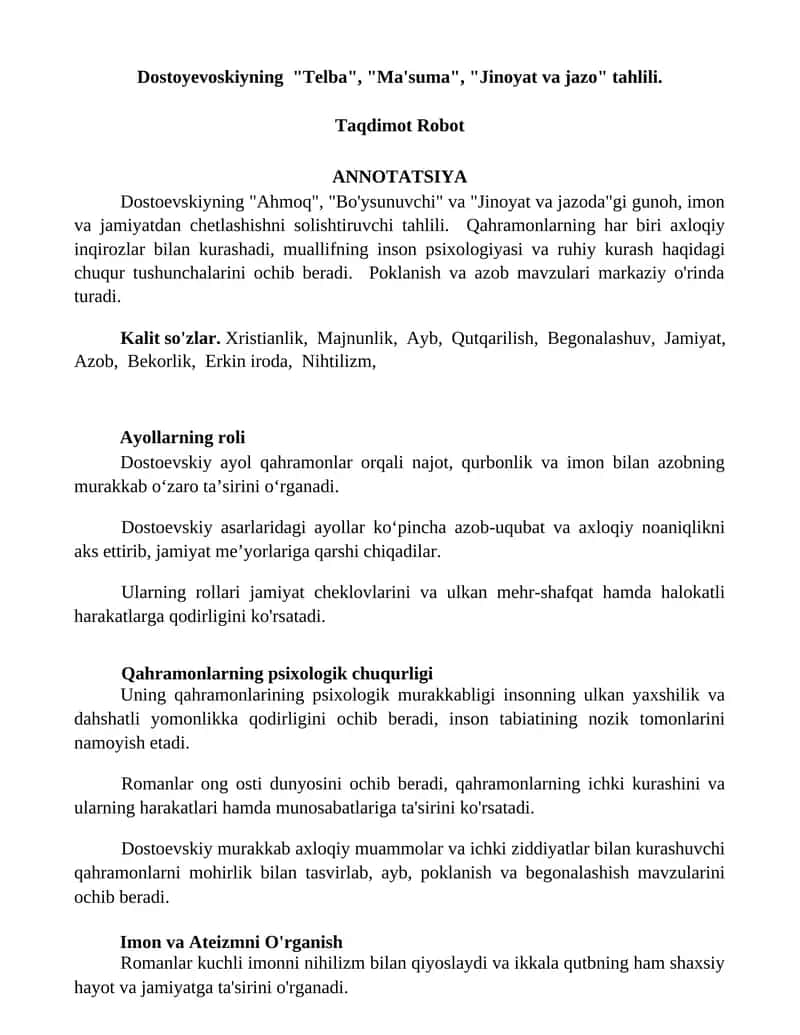 Dostoyevoskiyning "Telba", "Ma'suma", "Jinoyat va jazo" tahlili 1