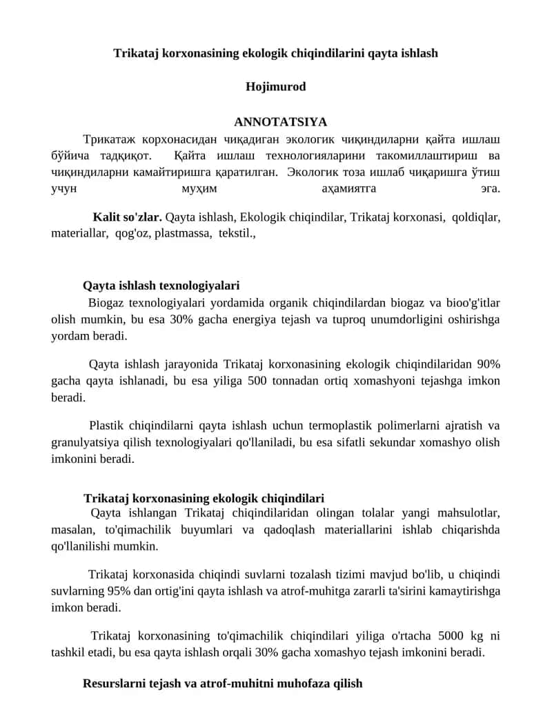 Trikataj korxonasining ekologik chiqindilarini qayta ishlash 1