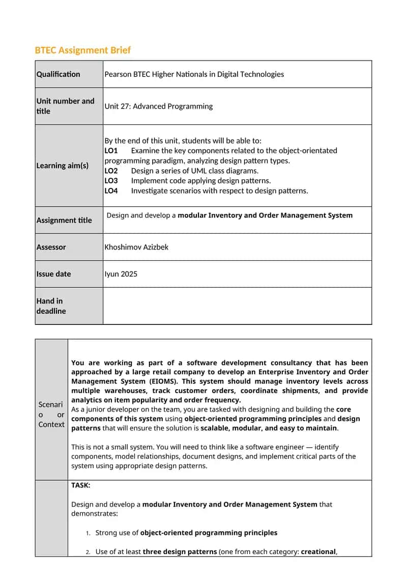 Unit 27: Advanced Programming Assignment Brief 1