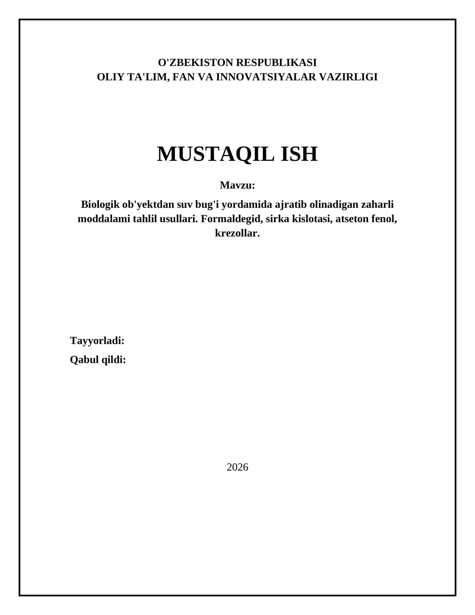 Biologik ob'yektdan suv bug'i yordamida ajratib olinadigan zaharli moddalami tahlil usullari 1