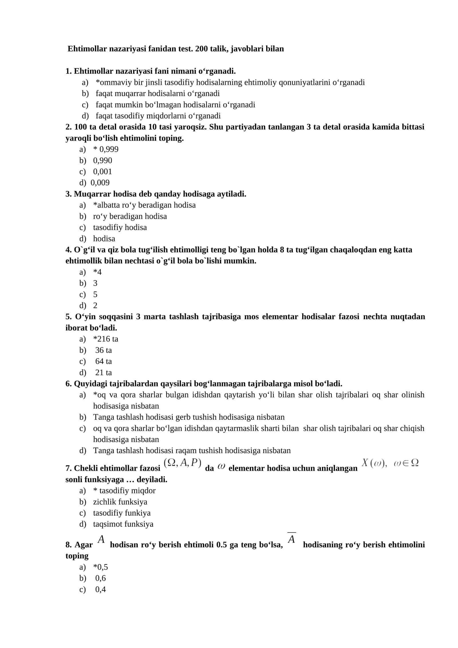 Ehtimollar nazariyasi fanidan test 1