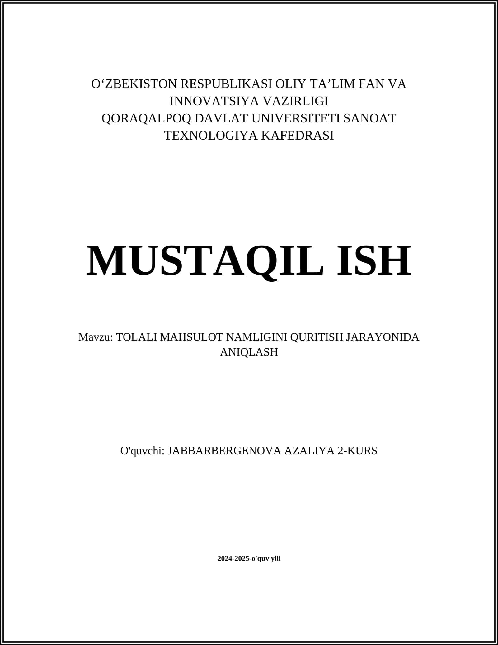 TOLALI MAHSULOT NAMLIGINI QURITISH JARAYONIDA ANIQLASH 1