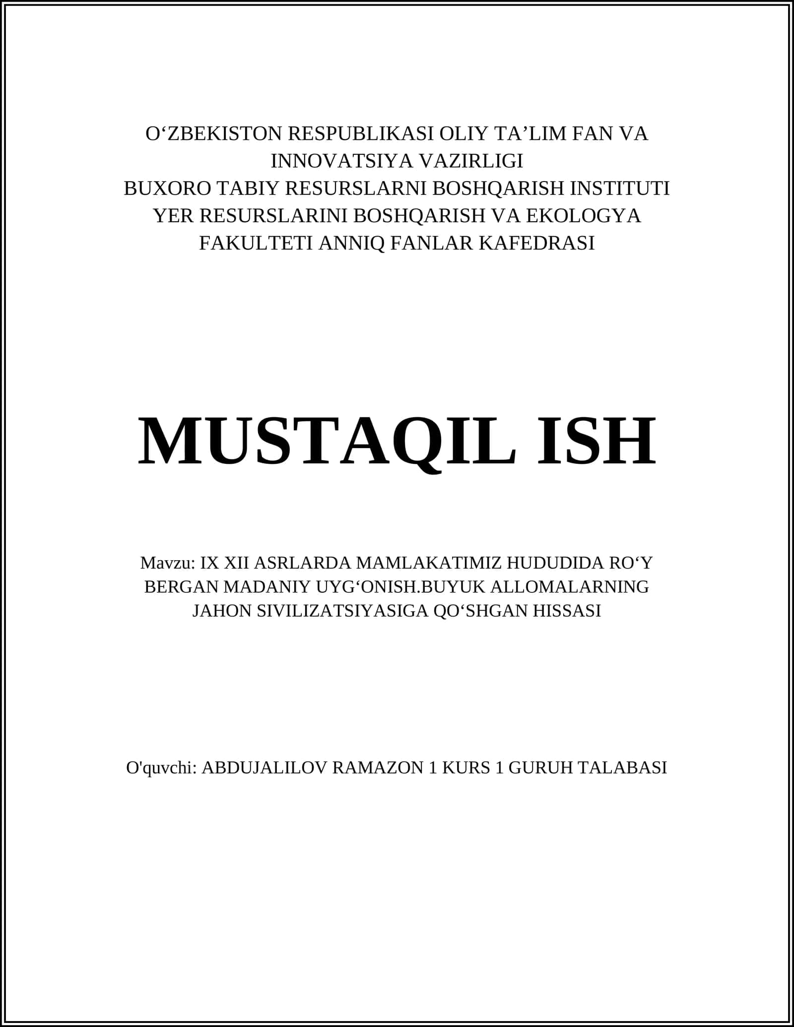 IX XII ASRLARDA MAMLAKATIMIZ HUDUDIDA ROʻY BERGAN MADANIY UYGʻONISH 1