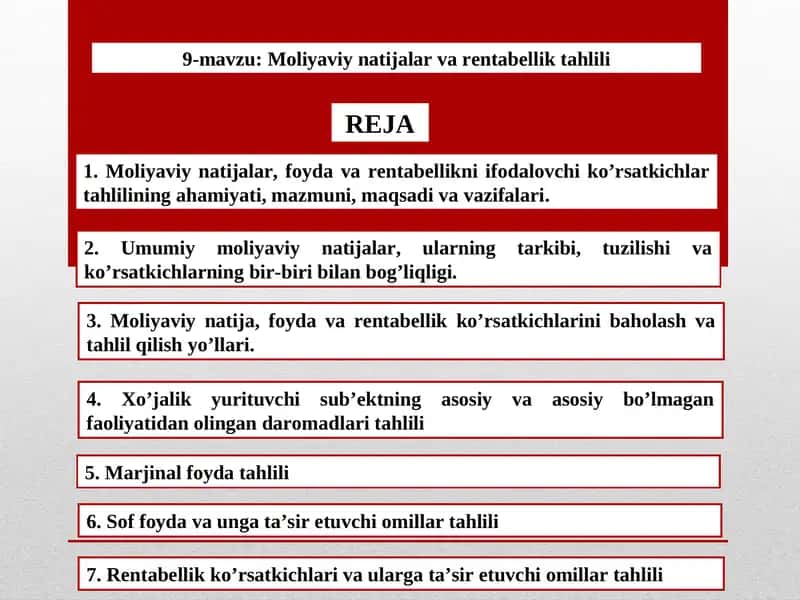 9-mavzu:Moliyaviy natijalar va rentabellik tahlili 1