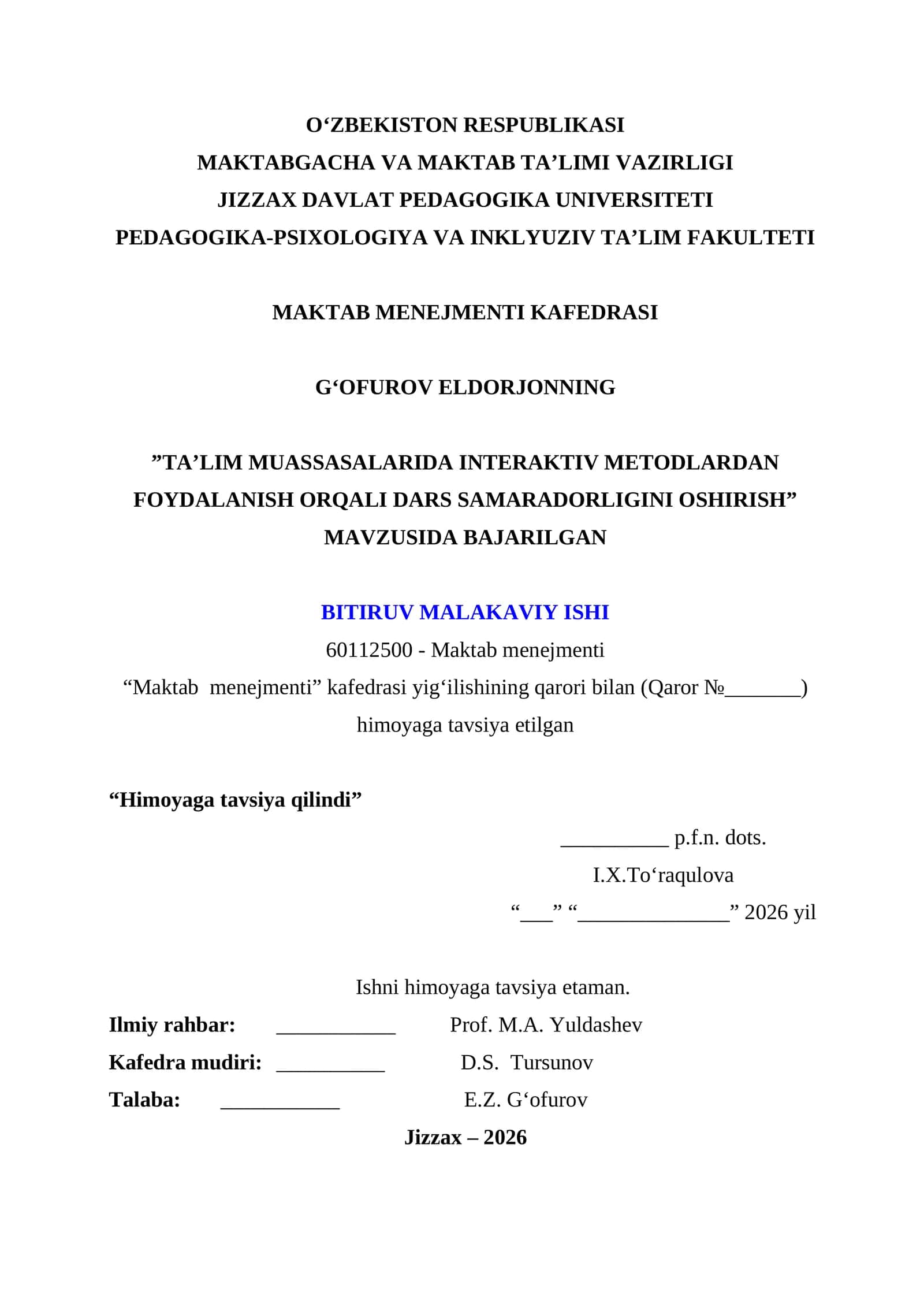 Ta'lim Muassasalarida Interaktiv Metodlardan Foydalanish Orqali Dars Samaradorligini Oshirish Bitiruv Malakaviy Ishi 1