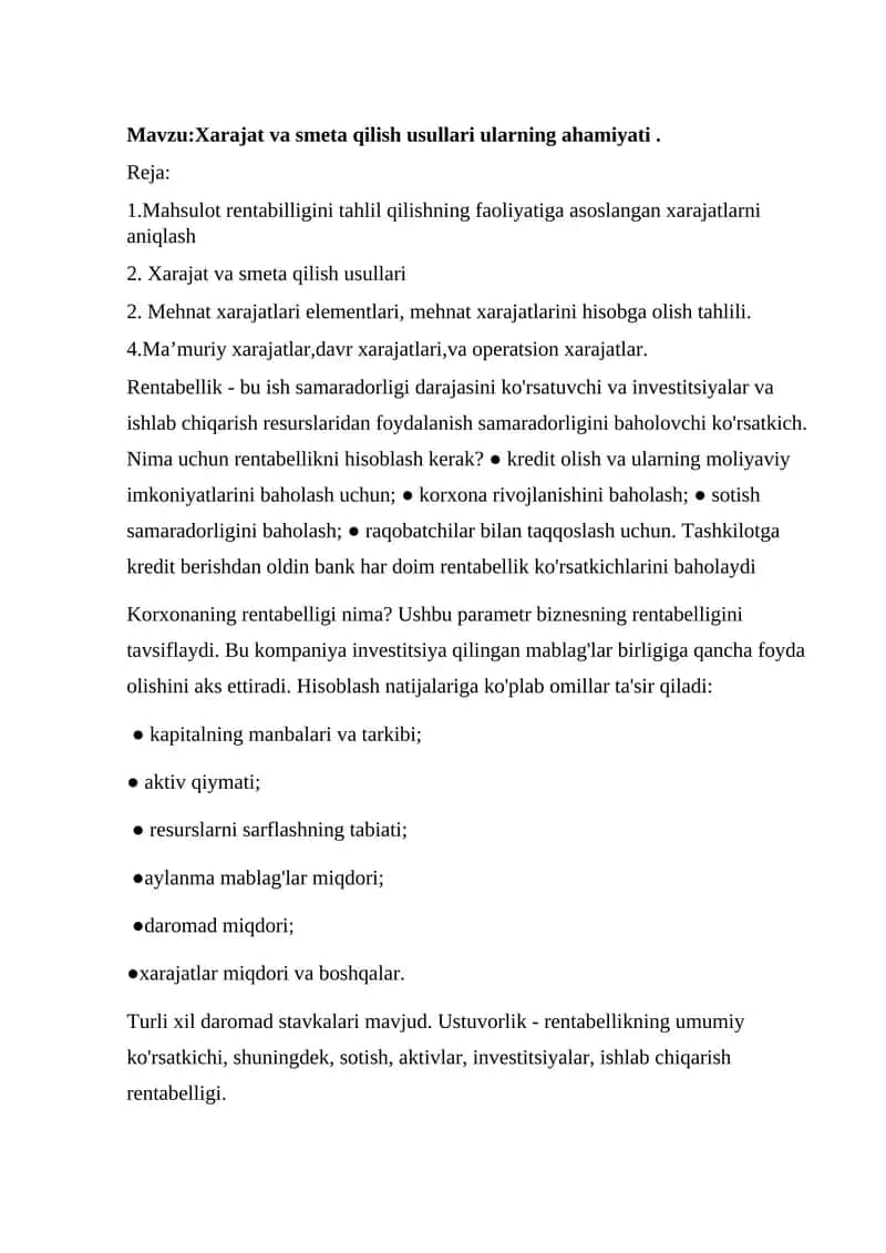 Xarajat va smeta qilish usullari ularning ahamiyati 1